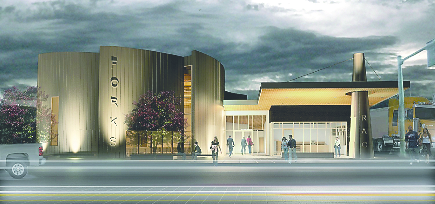 Rendering shows the preferred Rainforest Arts Center building design.