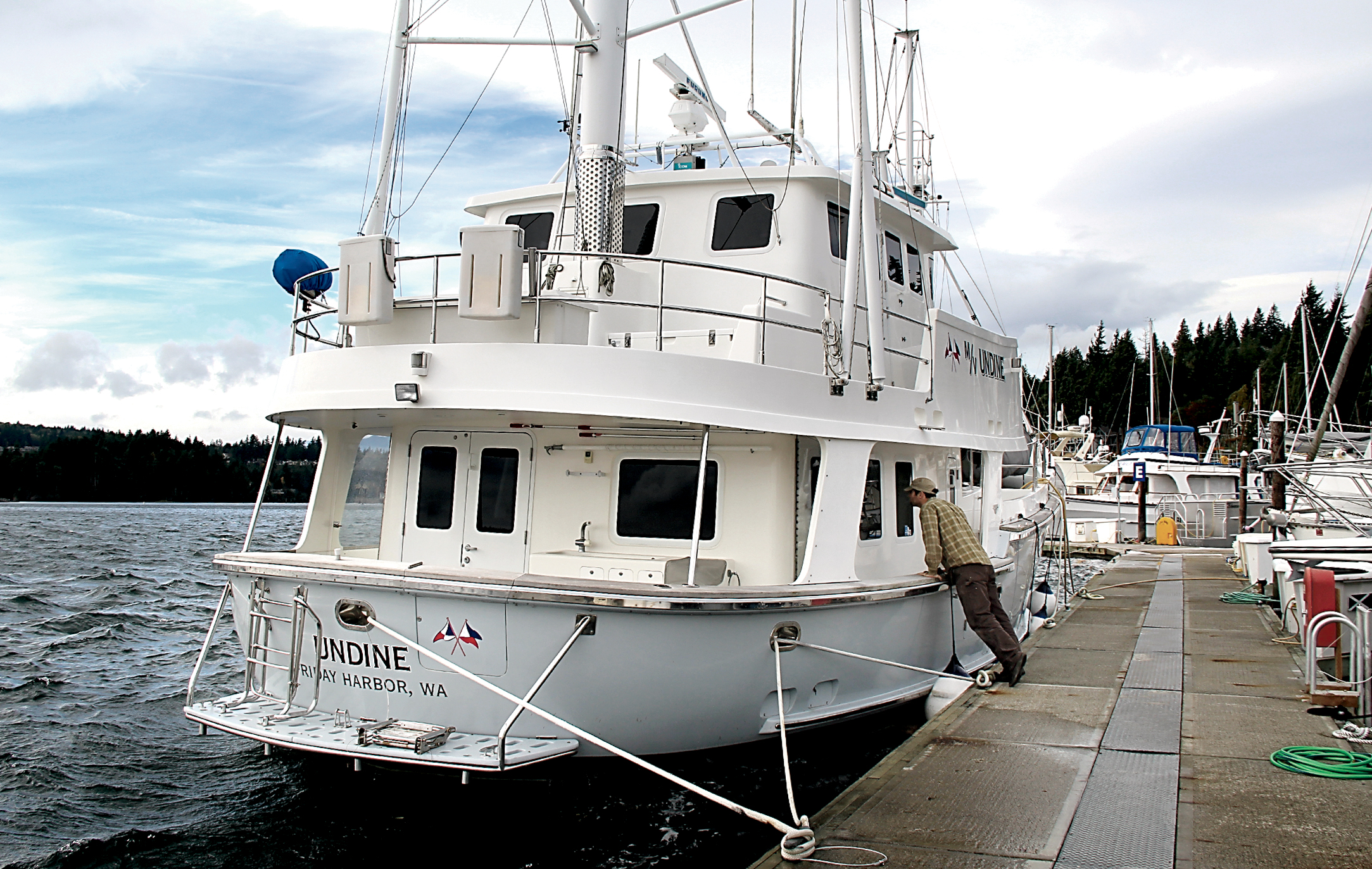 The 62-foot Nordhavn motor yacht Undine at its new dock in Port Ludlow. Retired real estate developer John Shelton donated the yacht to the Northwest Maritime Center in Port Townsend. Ace Spragg