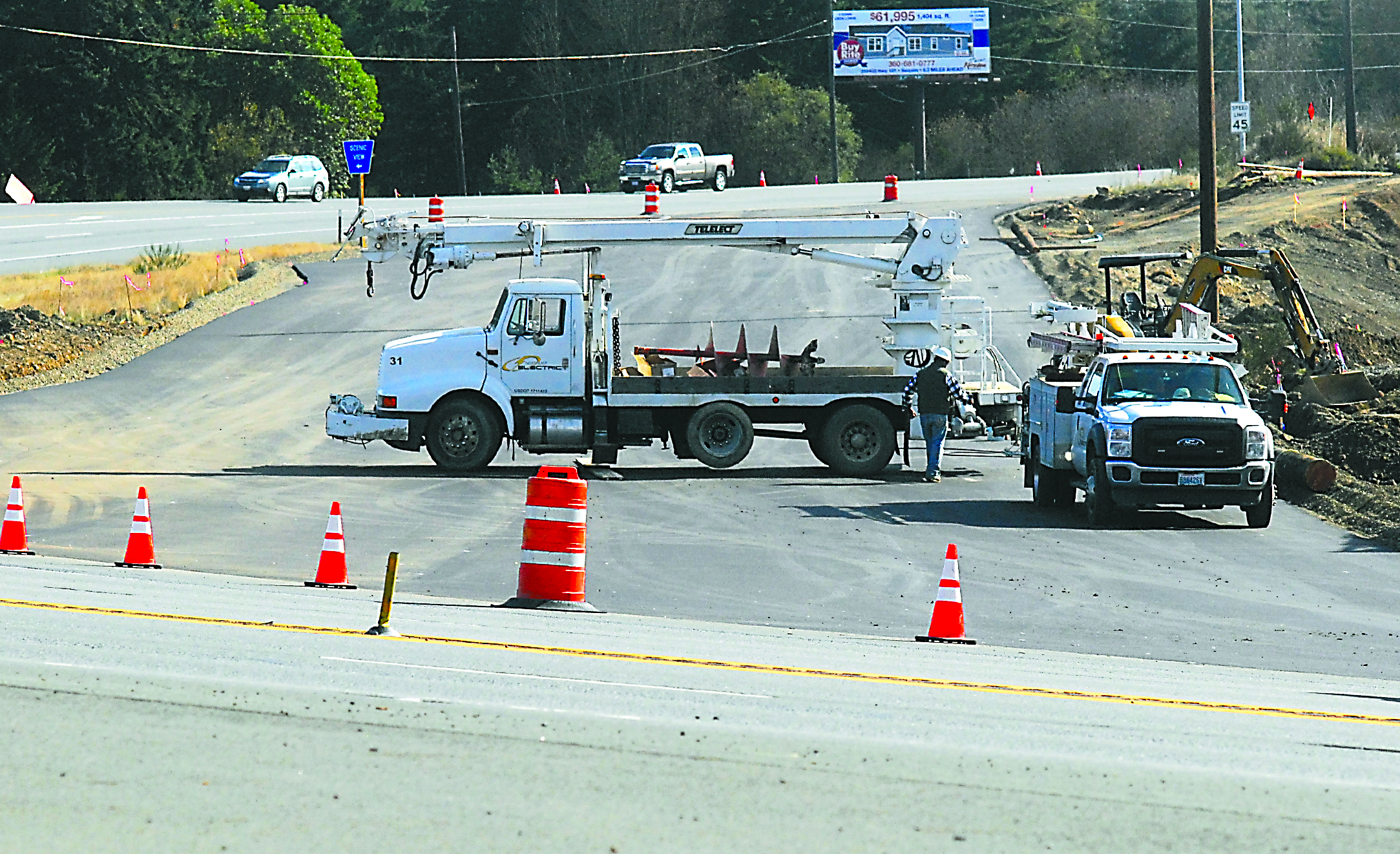 Construction continues on a temporary detour for U.S. Highway 101 at the site of the new Deer Park Loop underpass east of Port Angeles. Traffic will be diverted around a section of the current roadway that will be excavated for construction of a bridge over the new loop. To see a map on how Deer Park Loop will travel