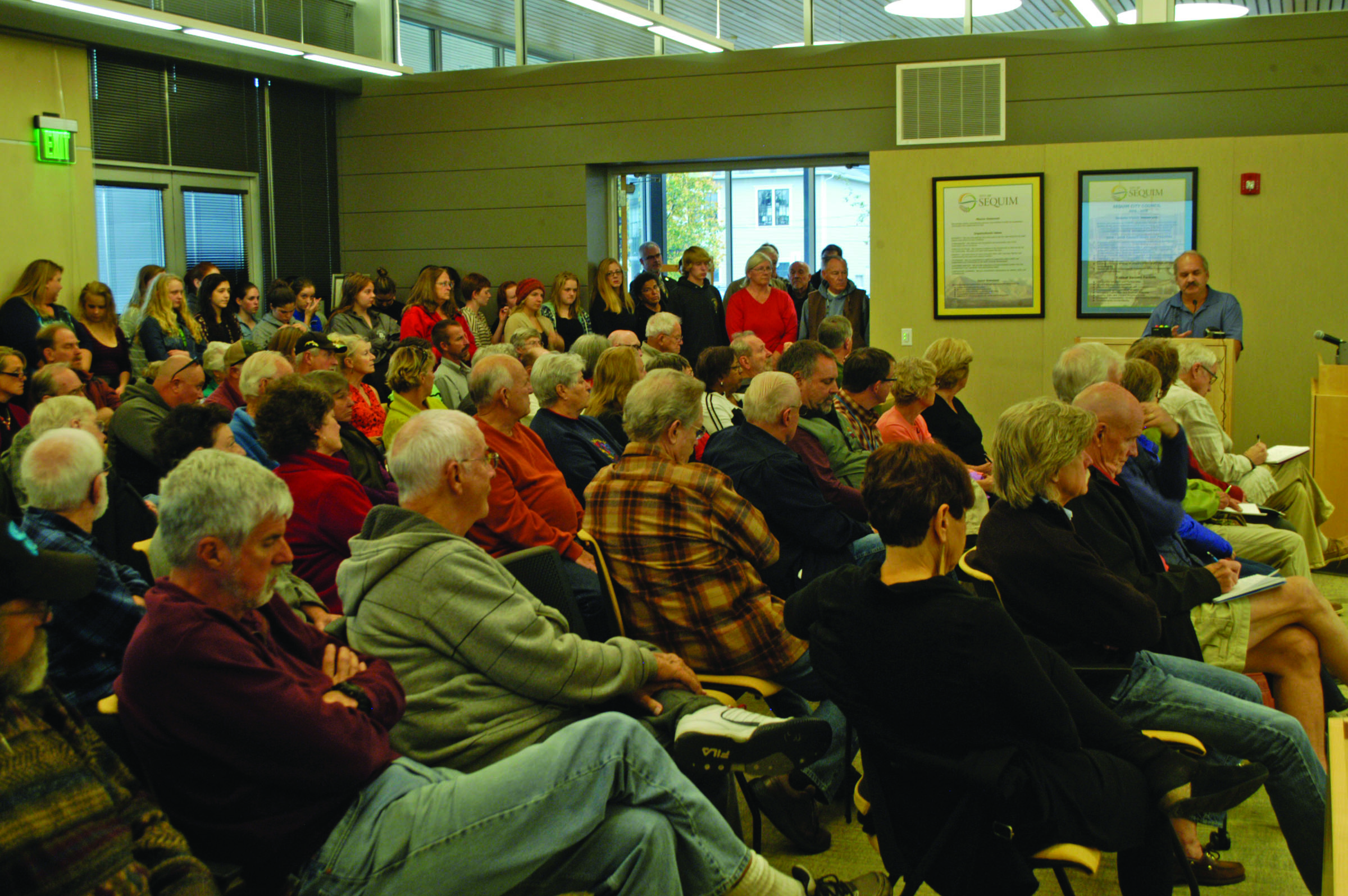 About 110 people packed the Sequim Civic Center on Wednesday for a special meeting held by the SARC board. Chris McDaniel/Peninsula Daily News