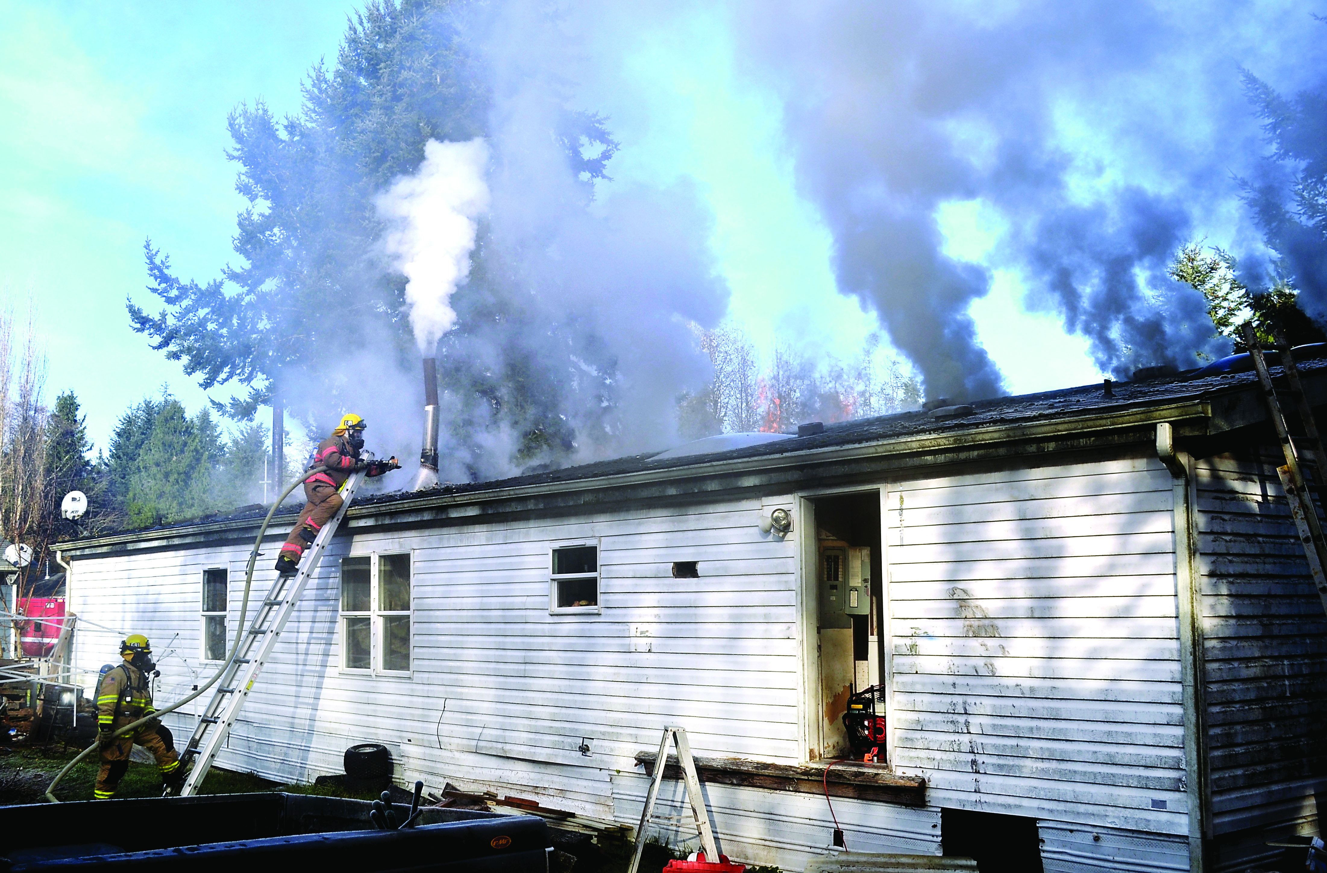 A mobile home in the Port Hadlock-Irondale area suffered heavy damage after a Thursday fire.  There were no injuries. According to the four residents of the house