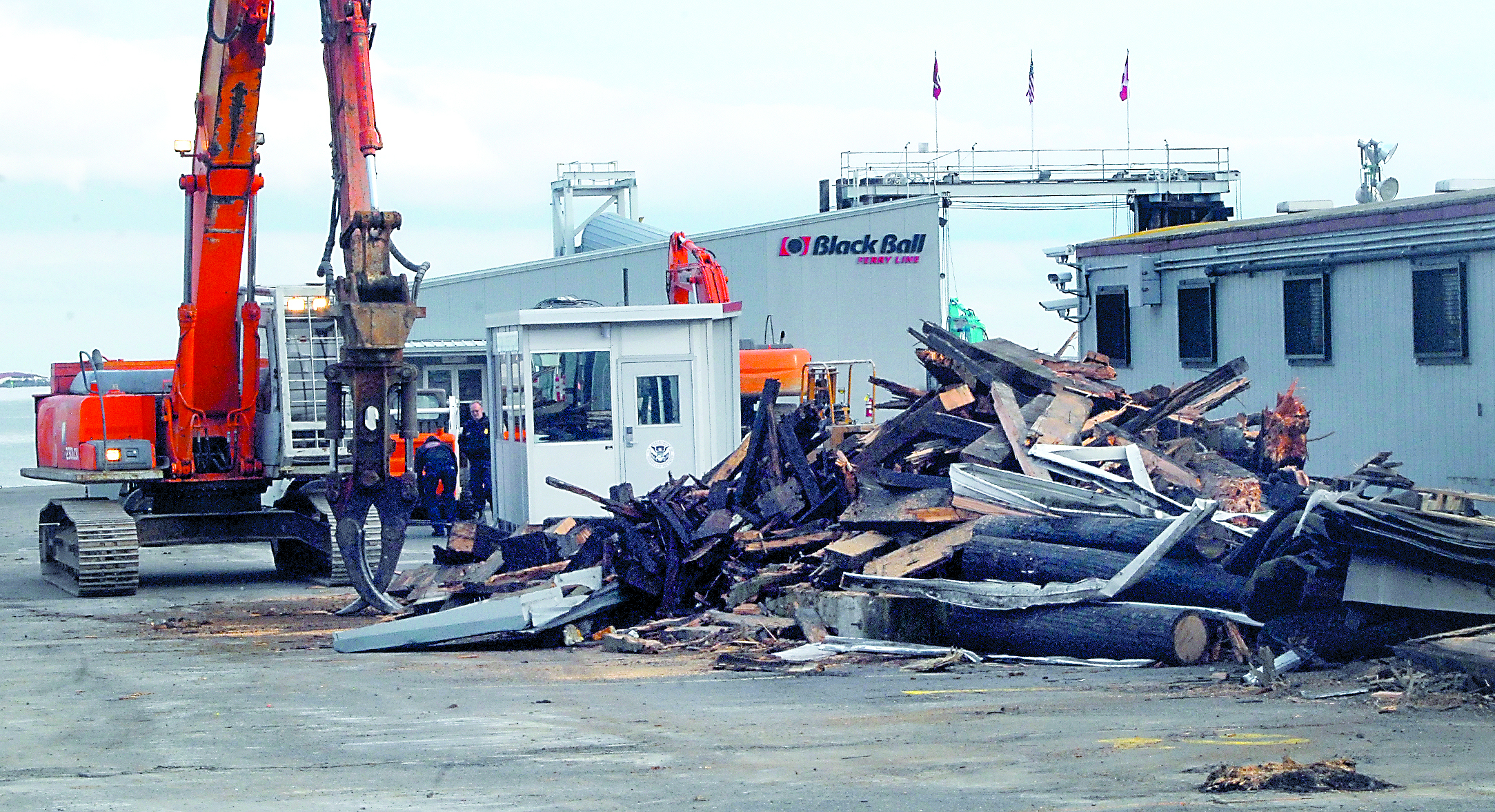 A pile of debris sits at the Black Ball Ferry Lines terminal in Port Angeles