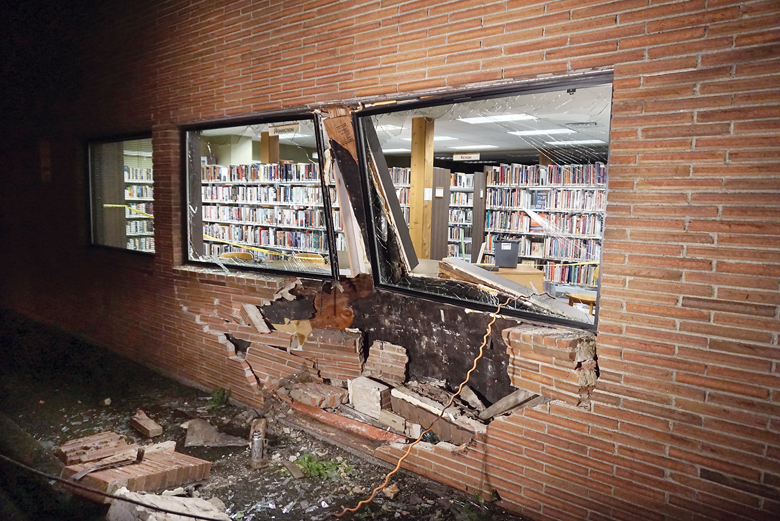 Damage to the Forks Library after a car hit the building at about 5 p.m. Monday. — North Olympic Library System