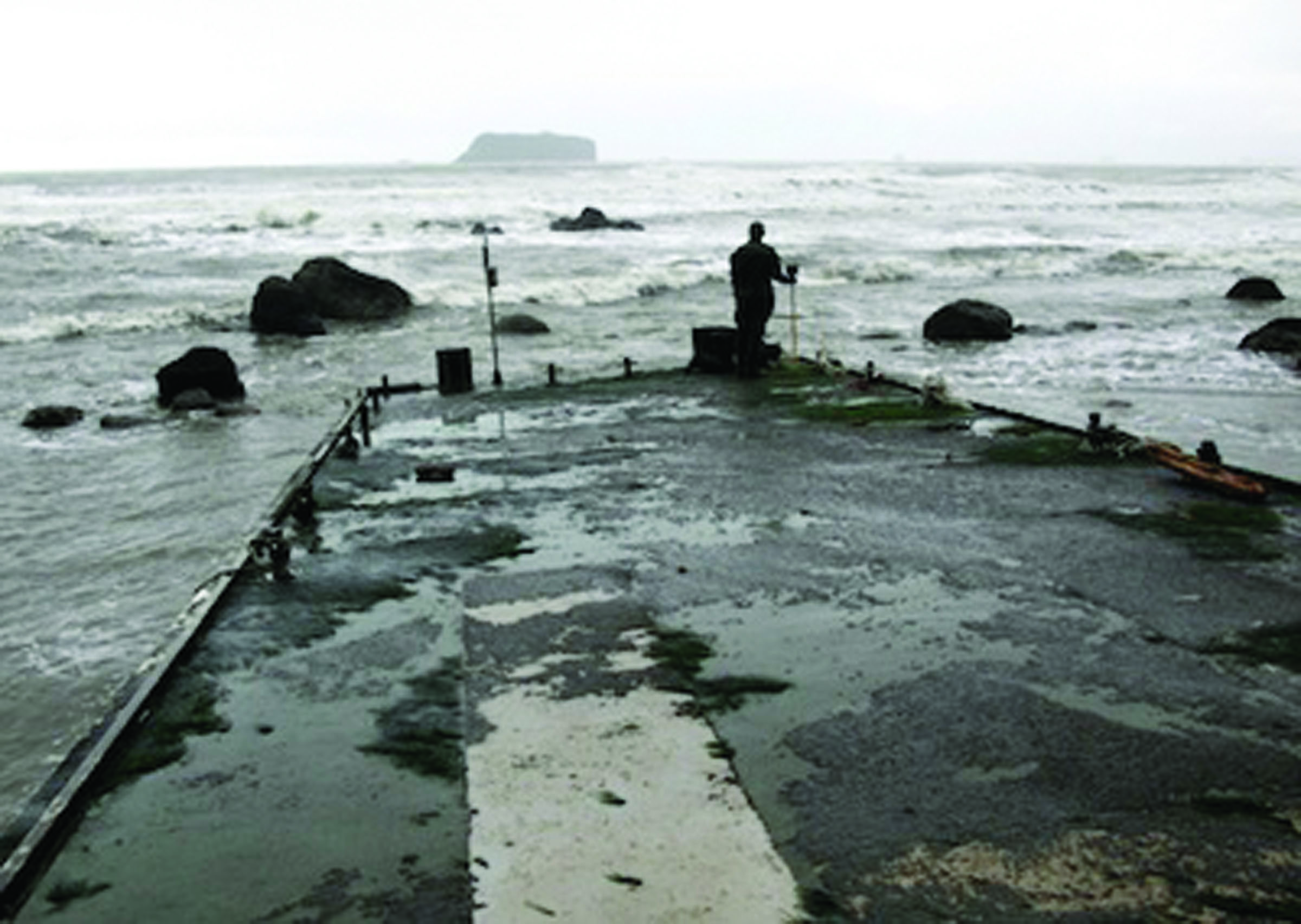 A researcher stands atop the Japanese dock that swept ashore on a coastal beach in a wilderness portion of Olympic National Park last week. Washington Department of Fish and Wildlife