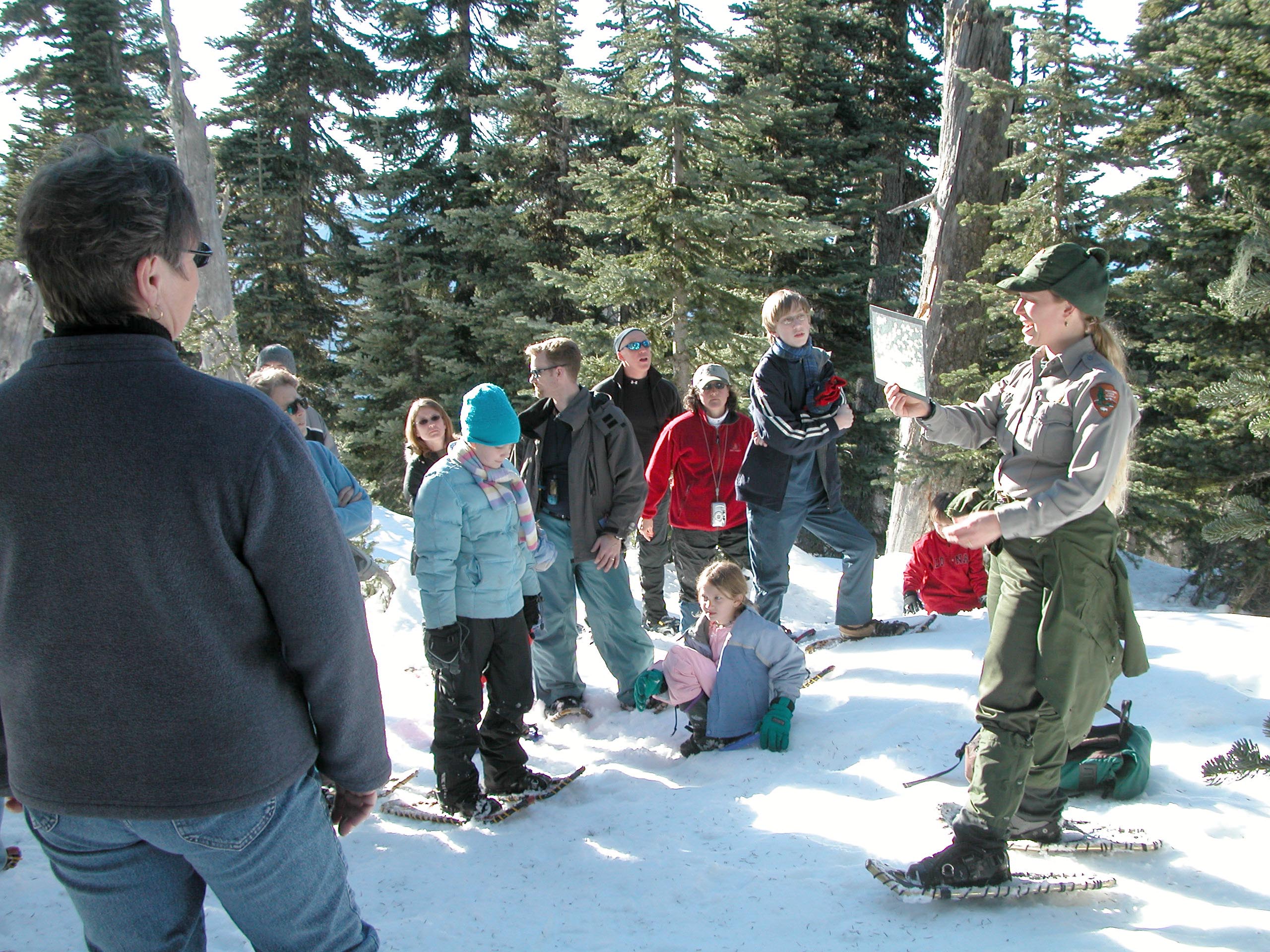 An Olympic National Park ranger leads a snowshoe hike at Hurricane Ridge. National Park Service