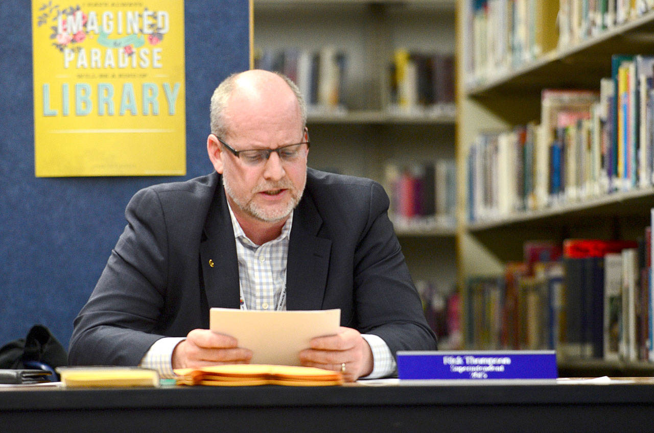 Chimacum School District Superintendent Rick Thompson tells parents and School Board members his top priority is to address parents’ disciplinary concerns at Chimacum High School during the board meeting Wednesday. (Jesse Major/Peninsula Daily News)