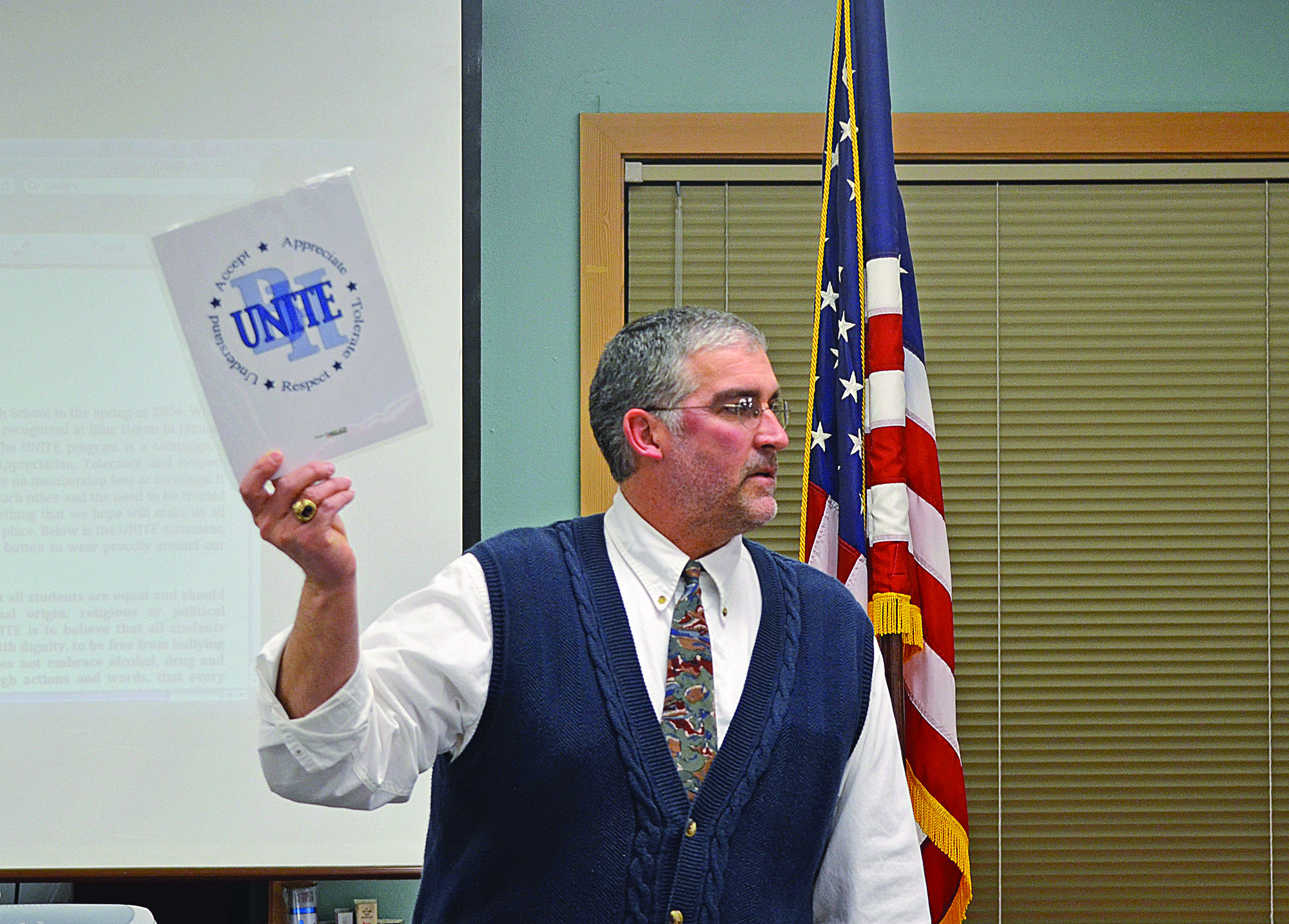 Blue Heron Middle School Principal Tom Kent addresses the Port Townsend School Board about the school’s anti-bullying program.  -- Photo by Charlie Bermant/Peninsula Daily News