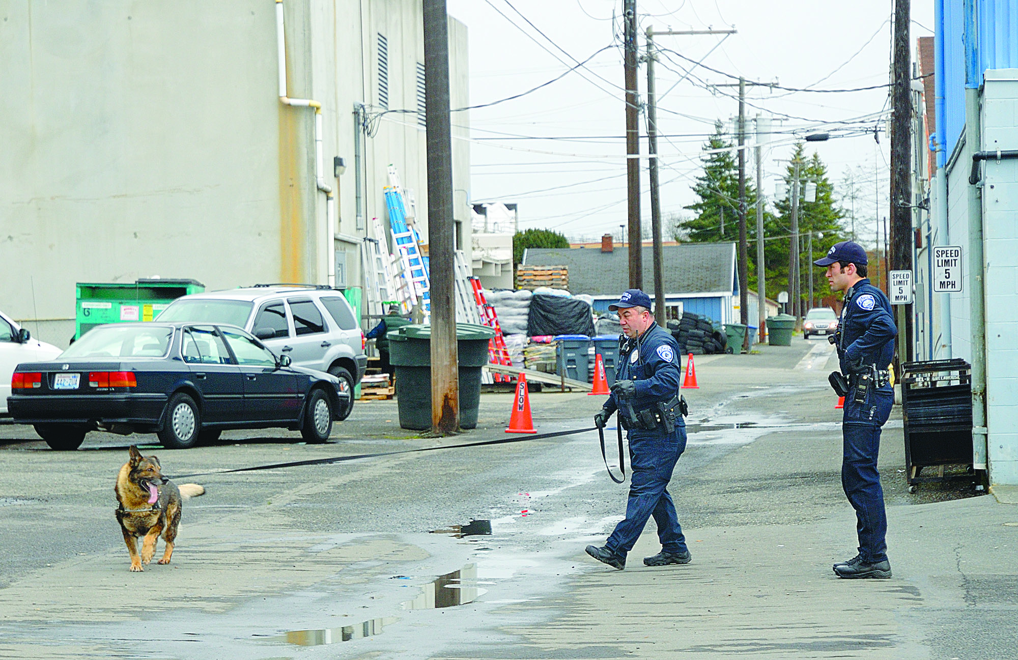 Port Angeles Police Officer Allen Brusseau walks police dog Kilo alongside Officer Andrew Heuett