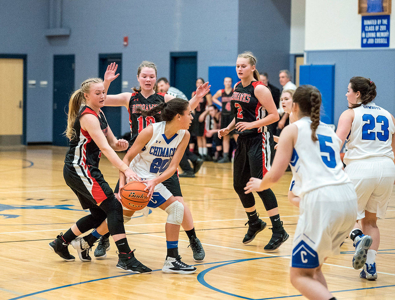 Steve Mullensky/for Peninsula Daily News                                Port Townsend’s Kaitlyn Meek, left, tries to steal the ball away from Chimacum’s Mia McNair during a Friday night game in Chimacum.