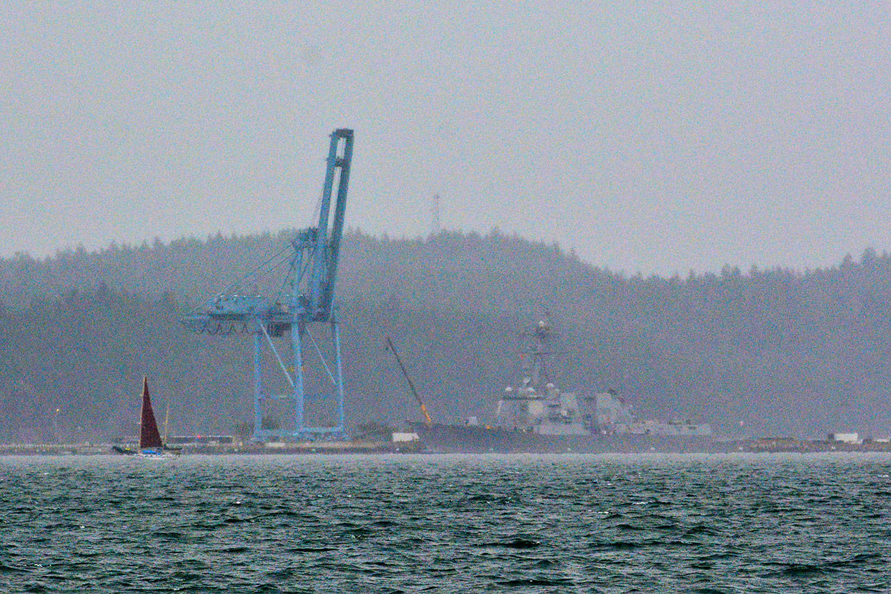 A U.S. Navy ship at Naval Magazine Indian Island on Wednesday. The Navy is asking for public comment on its plan to replace three outdated explosive magazines with five high explosive magazines. (Jesse Major/Peninsula Daily News)