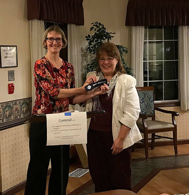 Toastmasters Lindy MacLaine, left, and Teresa Barrett invite the community to the SKWIM Toastmasters’ Tuesday open house.