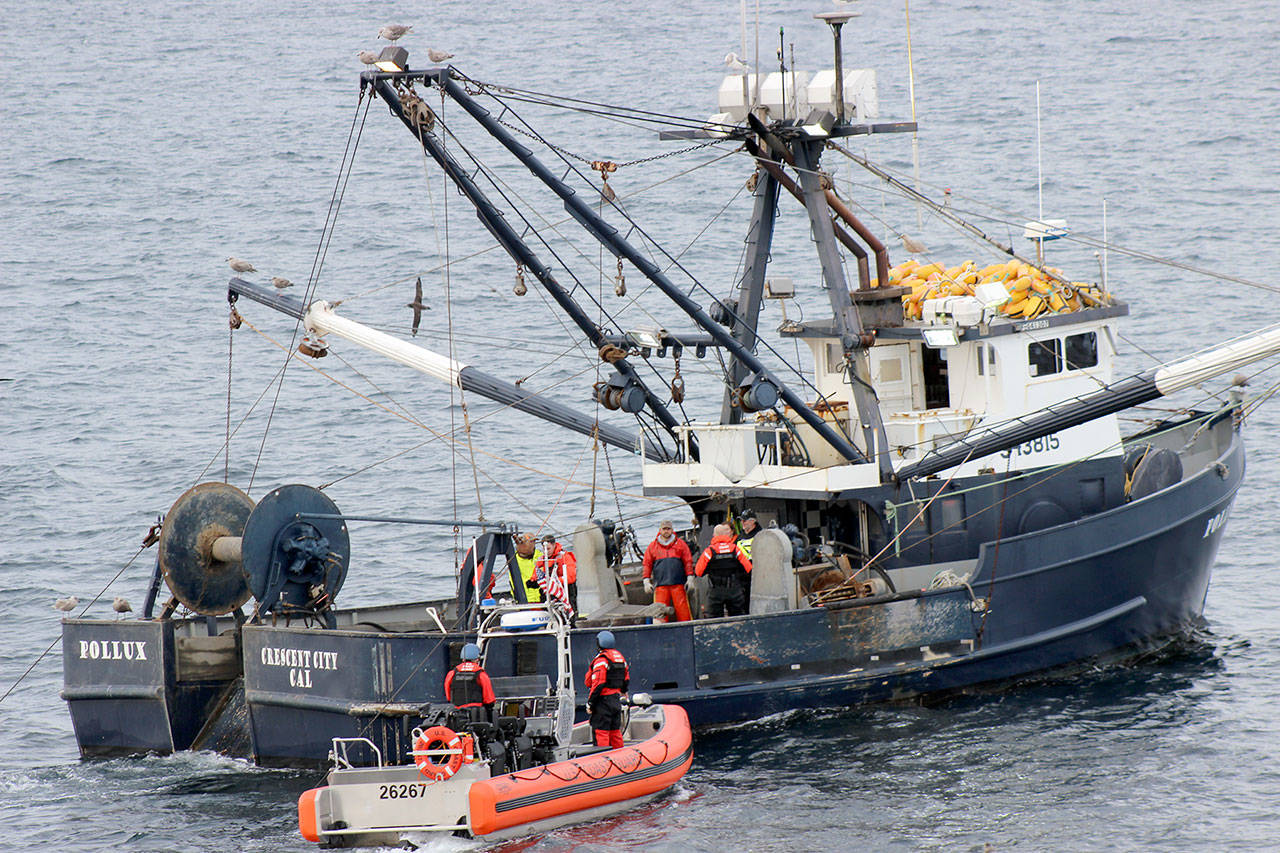 Coast Guard Cutter Active crewmembers conduct a fisheries boarding from the cutter’s 26-foot over-the-horizon small boat off the coast of California on Dec. 28, 2017. Active conducted a seven-week counterdrug and fisheries law enforcement patrol in the Eastern Pacific Ocean and off the west coast of the U.S. (U.S. Coast Guard)