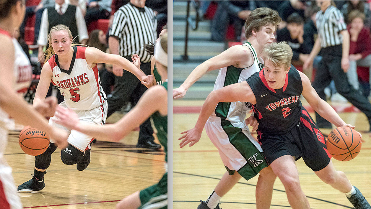 Port Townsend’s Kaitlyn Meek, left, and Kaiden Parcher were named the Olympic League 1A Division MVP for girls and boys basketball. (Steve Mullensky/for Peninsula Daily News)