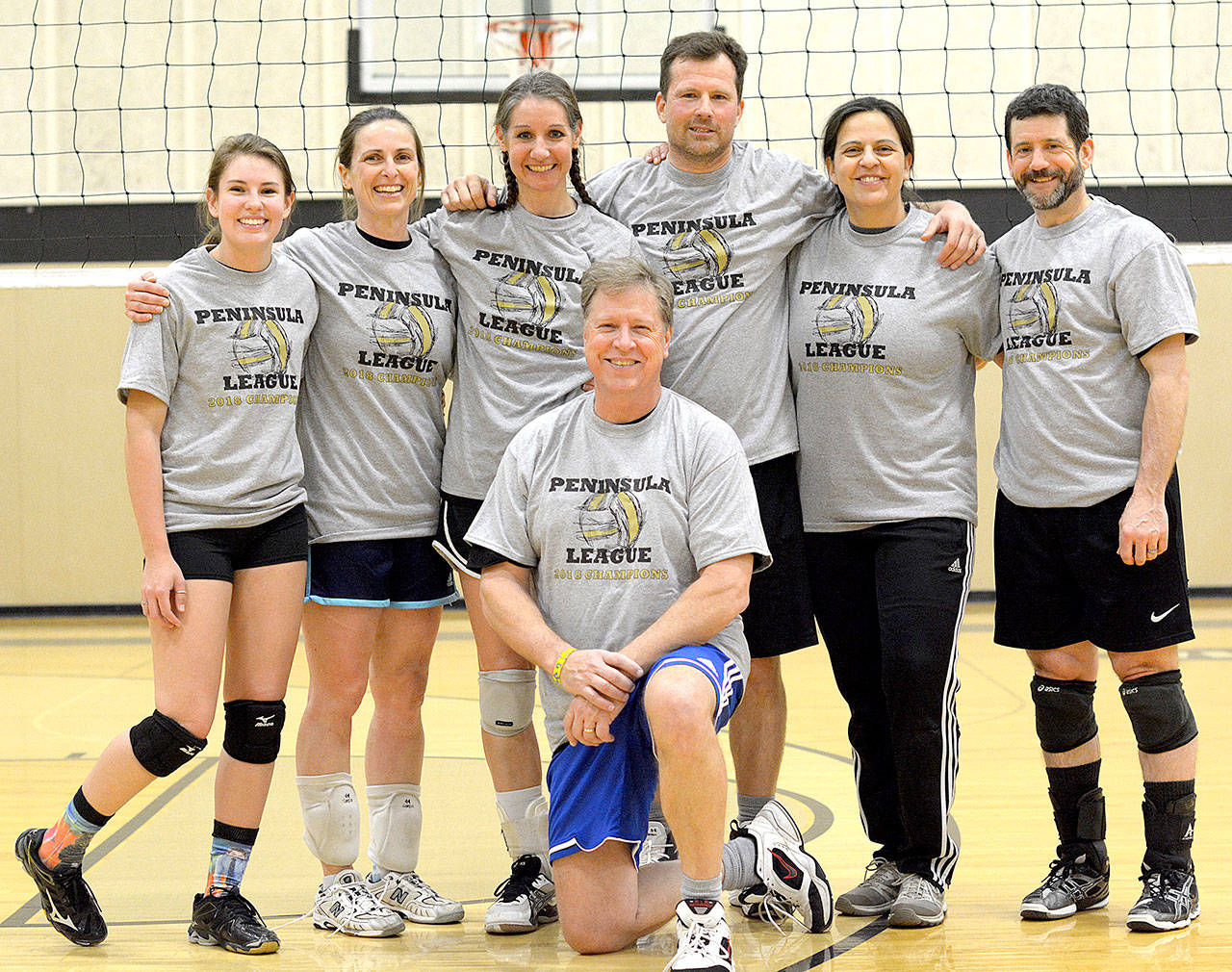 Peak Performance Therapy defeated KR3W 25-14, 27-25 Thursday night in the championship match to win the 2018 Peninsula Volleyball League title. Set For Life and New Kids on the Block tied for third place. Peak Performance players are from left Alyssa Wetzler, Christine Halberg, Nancy LeBlanc, Greg Halberg, Rebekah Monet and Eric Palenik. Kneeling is Tom Lotz.