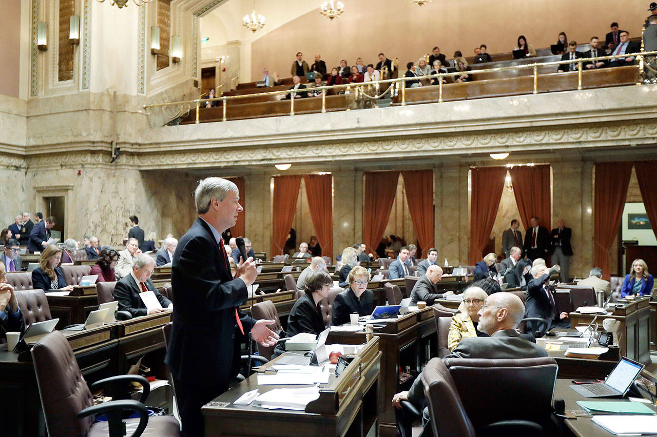 Democratic House Majority Leader Pat Sullivan, D-Covington, speaks on the House floor during debate over the supplemental budget Thursday at the Capitol in Olympia on the final day of the regular session of the Legislature. (Ted S. Warren/The Associated Press)