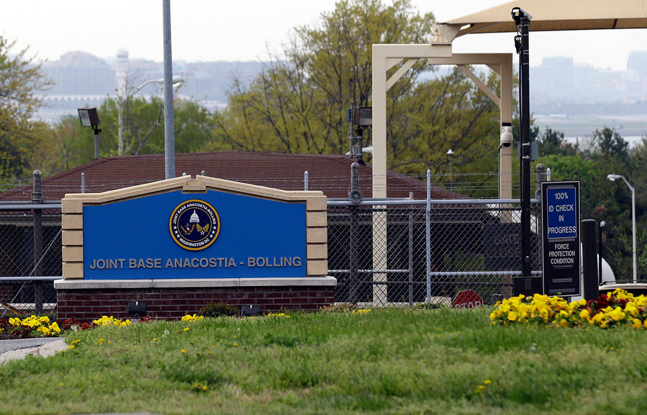 This April 17, 2013, file photo shows the gate for the Joint Base Anacostia-Bolling in Washington, D.C. (The Associated Press)