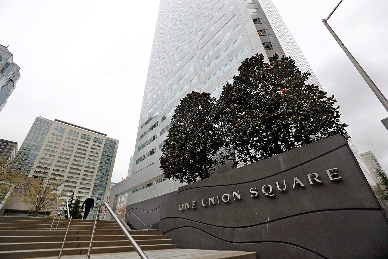 One Union Square, the downtown Seattle building that houses the Russian consulate on the 25th floor, is seen Monday. (Elaine Thompson/The Associated Press)