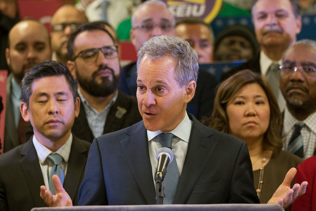 New York Attorney General Eric Schneiderman speaks during a news conference Tuesday in New York. (Mary Altaffer/The Associated Press)