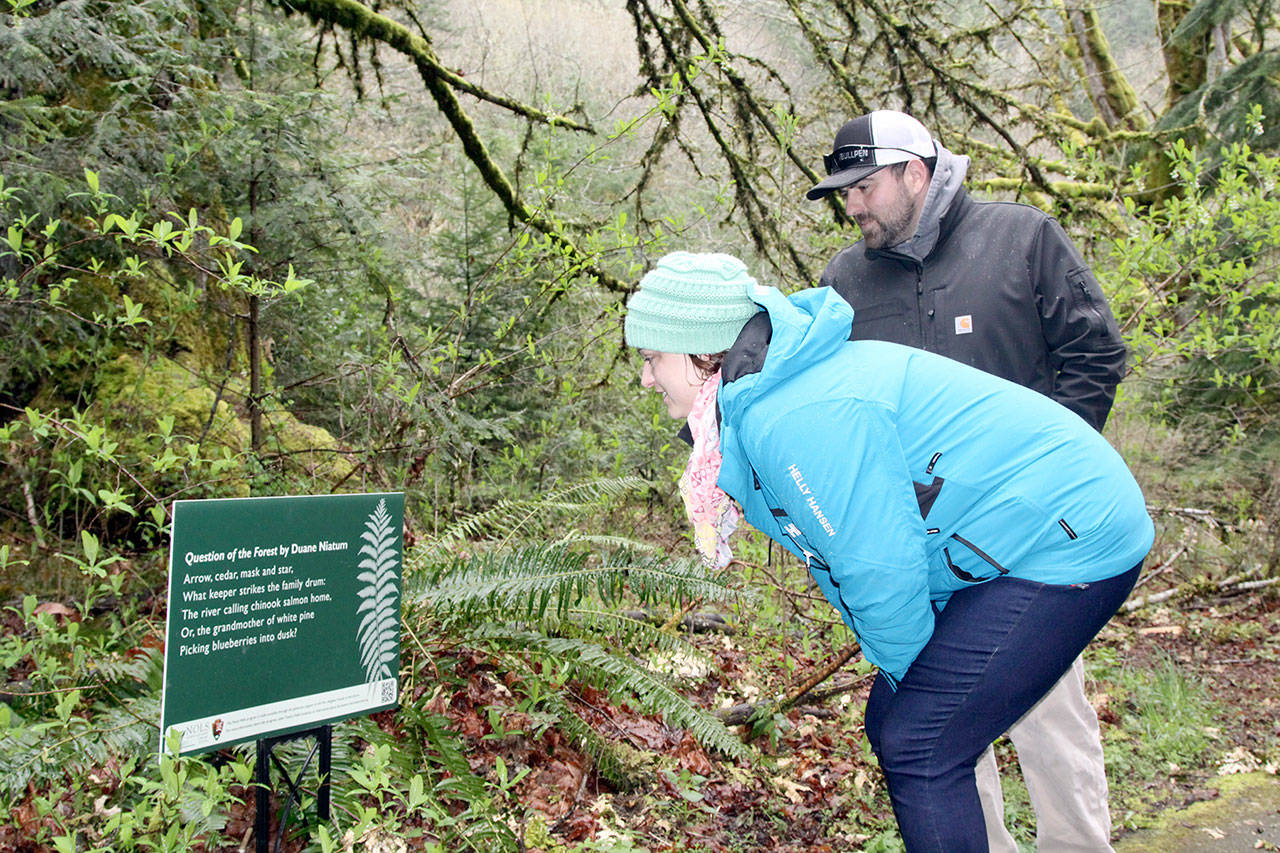 Amryl and Scott Geary of Sedro Woolley read one of several poems on the North Olympic Library System Poetry Walk at Madison Falls in Olympic National Park. (Dave Logan/for Peninsula Daily News)