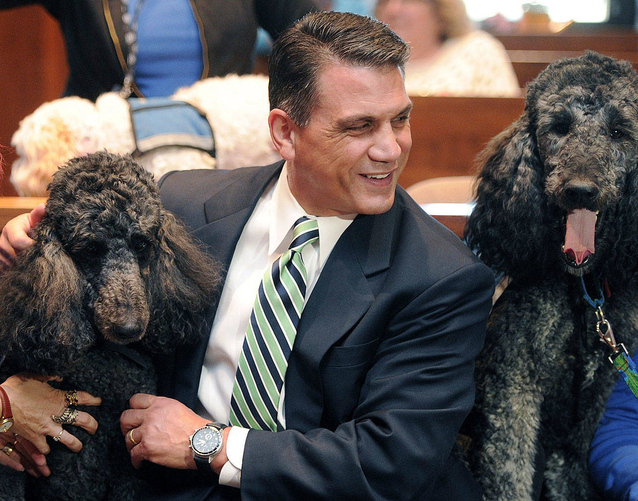 In this Oct. 7, 2015, file photo, Judge John Trucilla meets with therapy dogs Jett, left, and True in his courtroom at the Erie County Courthouse in Erie, Pa., where therapy dogs visit courtrooms during children’s legal hearings. (Jack Hanrahan/Erie Times-News via AP)