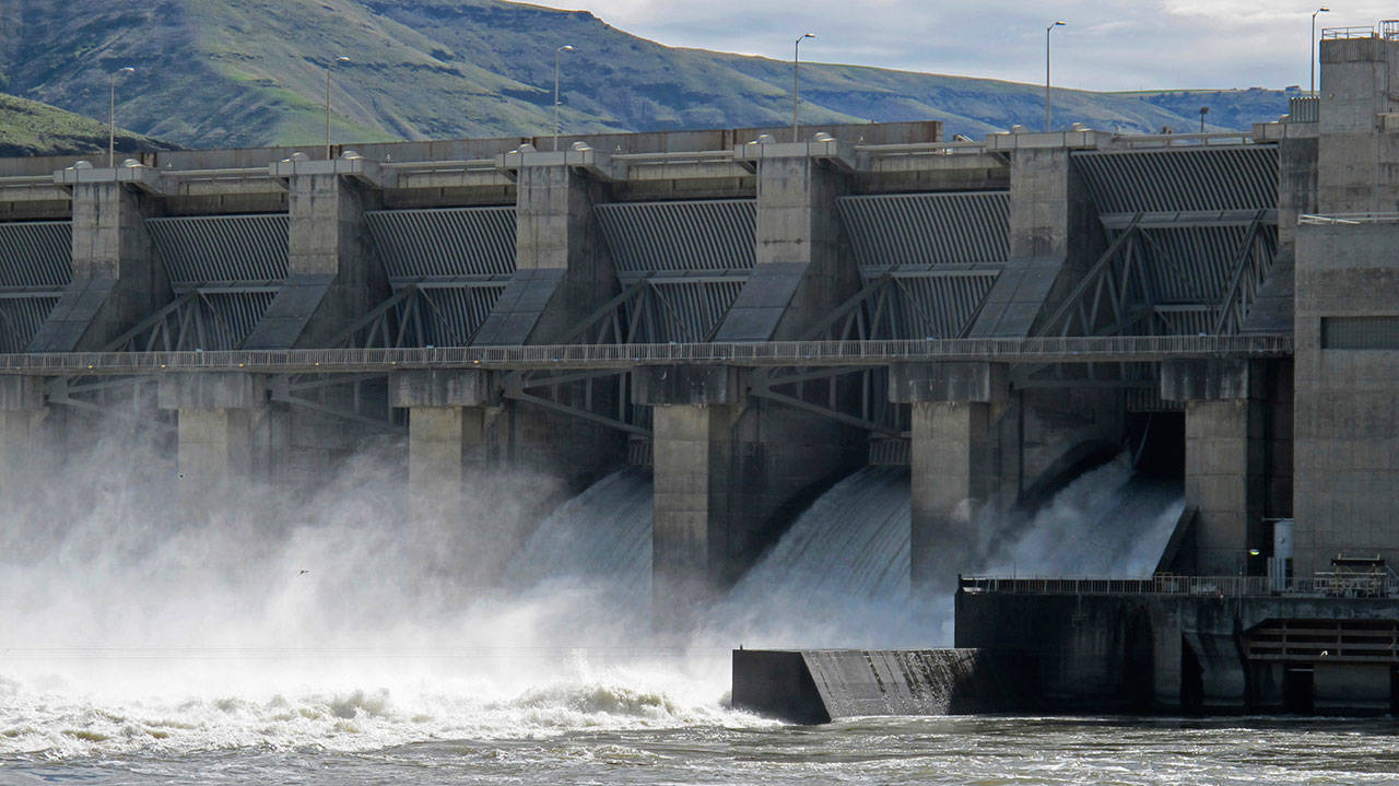 In this April 11, photo, water moves through a spillway of the Lower Granite Dam on the Snake River near Almota. (Nicholas K. Geranios/The Associated Press)