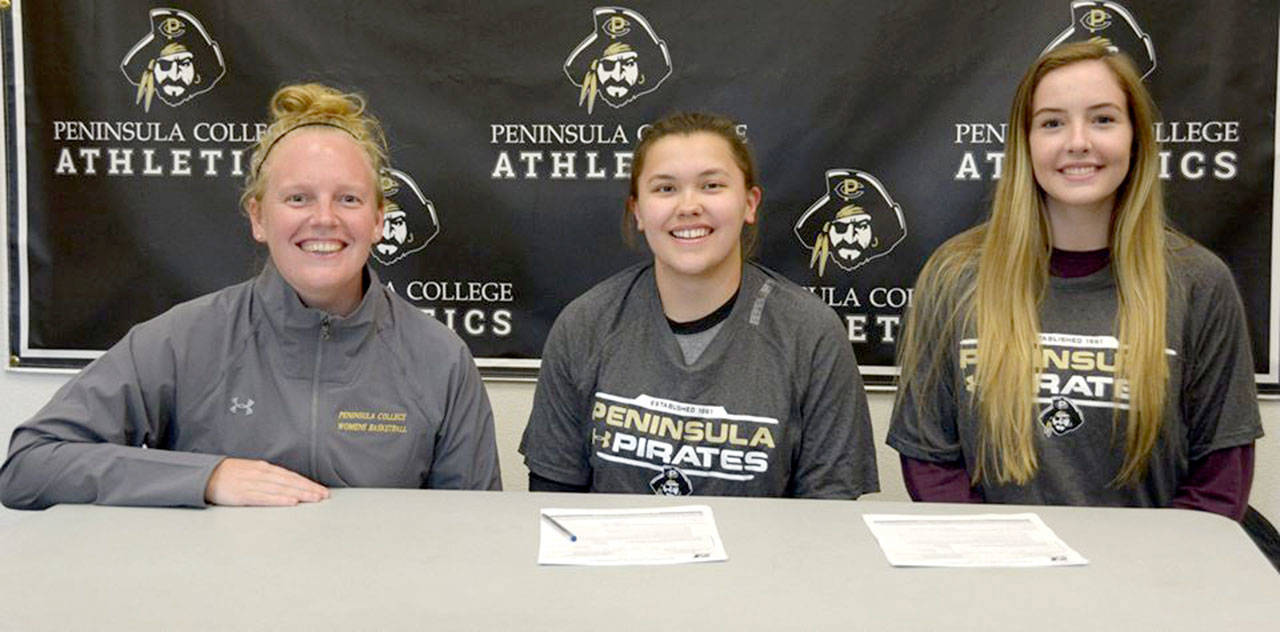 Peninsula College women’s basketball coach Alison Crumb, left, has signed Neah Bay’s Gina McCaulley (middle) and Port Angeles’ Devin Edwards to play for the Pirates.