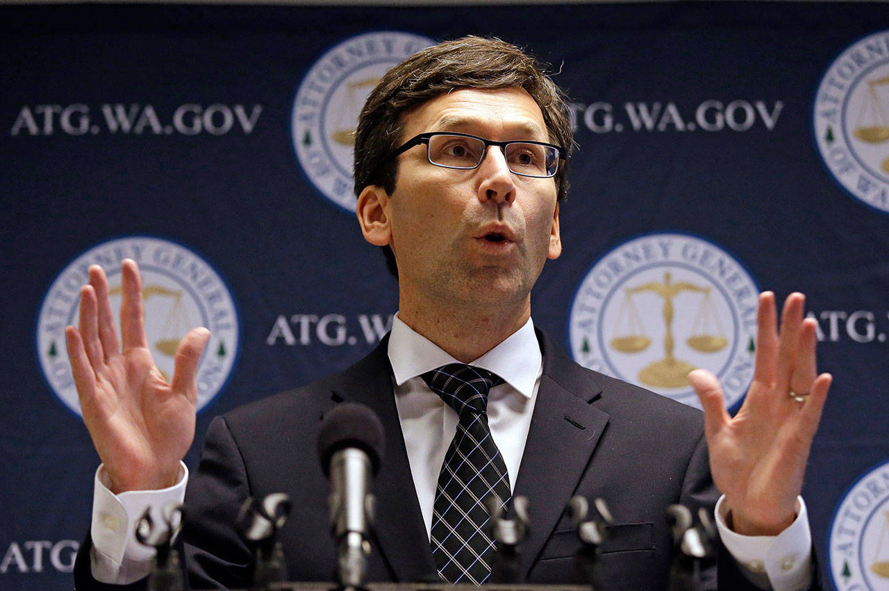 In this Nov. 28, 2017, file photo, state Attorney General Bob Ferguson speaks at a news conference in Seattle. (The Associated Press)