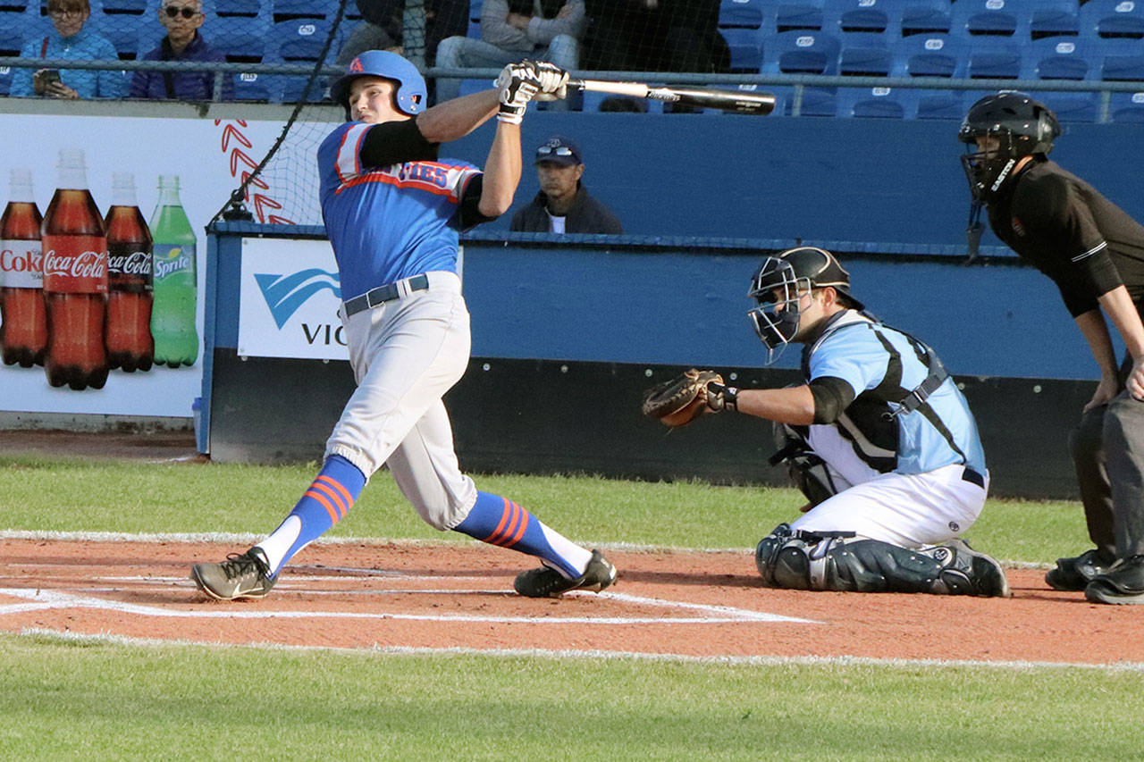 Port Angeles batter Dalton Harum swings in the season opener against the Victoria HarbourCats, a game that he hit a home run in. Harum is second in the WCL with seven home runs and is third with a .354 batting average. Don Descoteau/Black Press