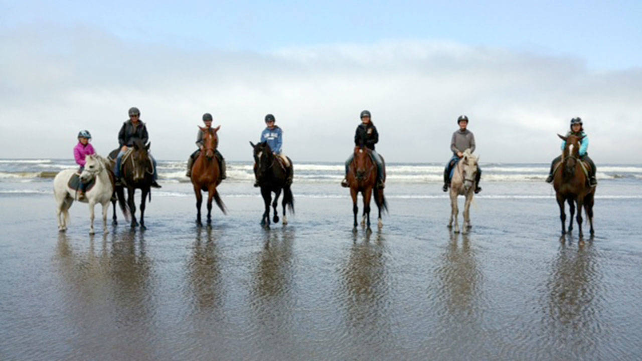 Freedom Farm’s Hoof Beats club members ride horses on the beach at the farm’s annual Horsemanship Camp in Ocean City. The riders, from left, are Lily Robertson, Mary Gallagher, Elly Dam, Elise Dean, Grace Niemeyer, Grace Mitchell and Maddie Niemeyer.