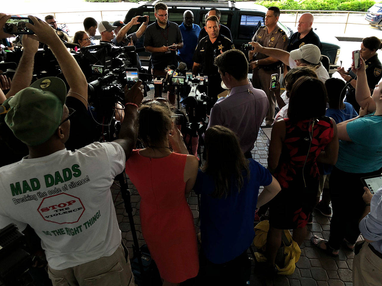 Jacksonville Sheriff Mike Williams holds a news conference, Sunday, Aug. 26, 2018, in Jacksonville, Fla., after a gunman opened fire Sunday during an online video game tournament that was being livestreamed from a Florida mall, killing multiple people and sending many others to hospitals. (AP Photo/Laura Heald)