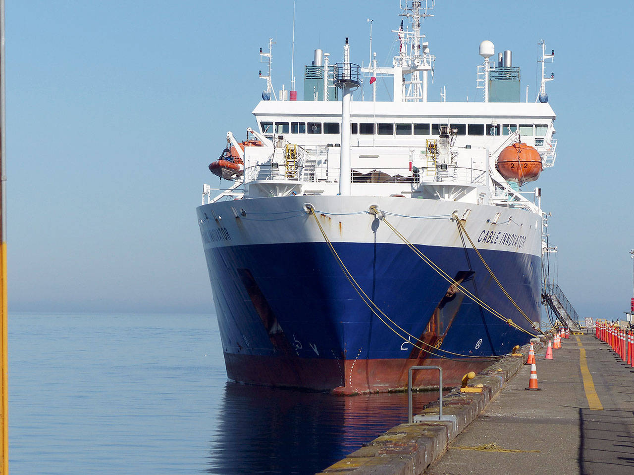 The Cable Innovator is pictured at Terminal 1 in Port Angeles Harbor. (Dave Sellars/for Peninsula Daily News)