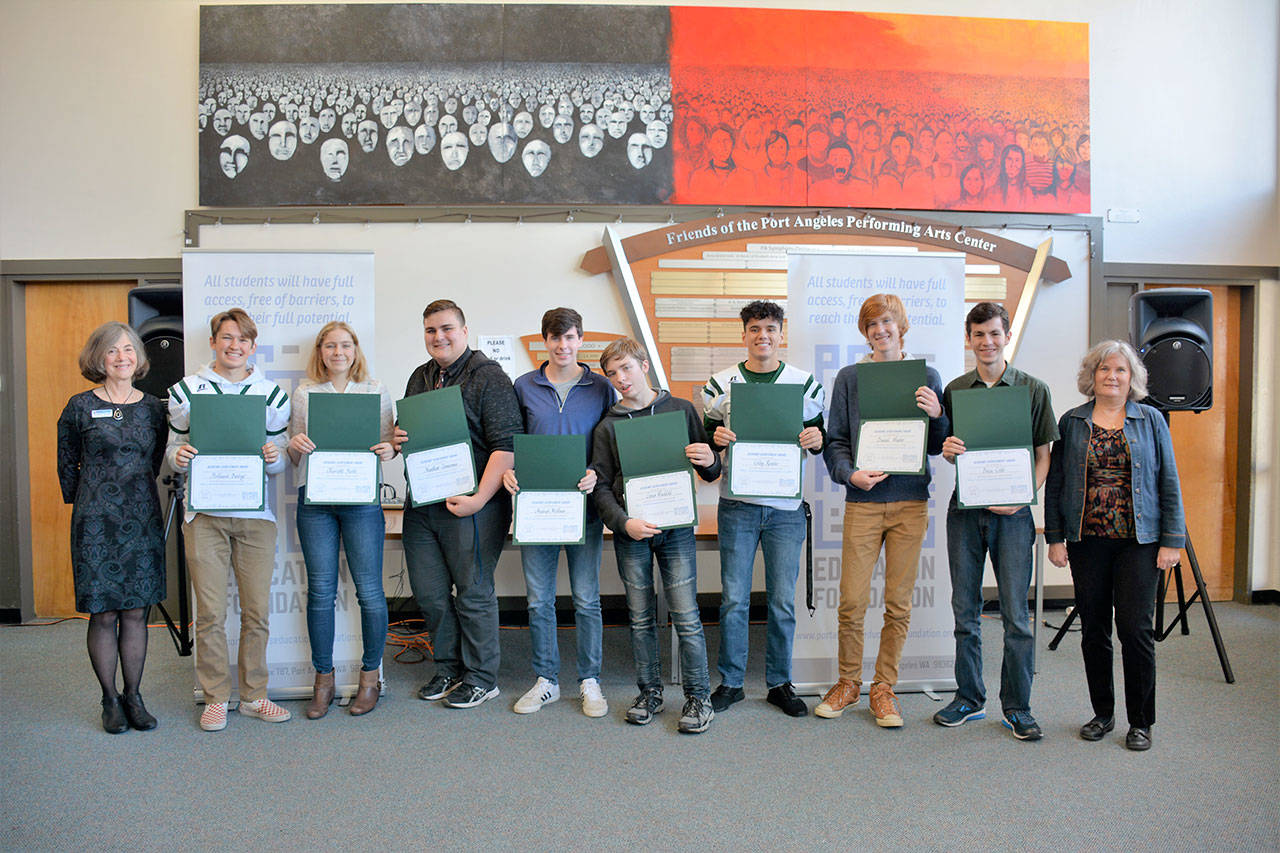 Port Angeles Education Foundation presented eight high school seniors with certificates at an academic awards luncheon. From left are foundation member Annette Wendel, with students Hollund Bailey, Charlotte Hertel, Matthew Tiemersma, Andrew Methner, Linus Waddell, Colby Rentas, Daniel Weaver and Evan Cobb, as well as foundation President Lynns Bedford at far right. (Patsene Dashiell/Port Angeles School District)