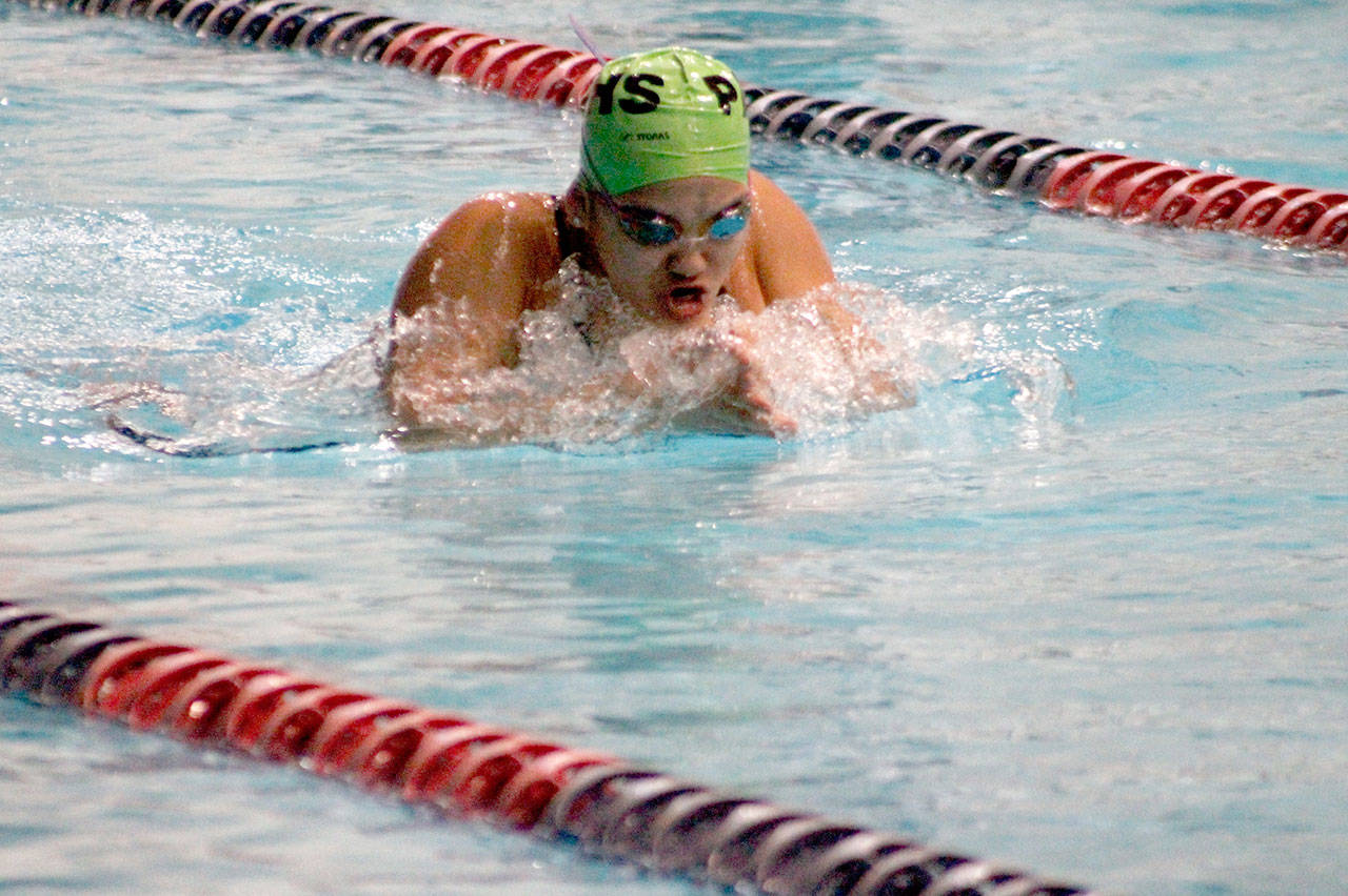 Mark Krulish/Kitsap News Group Port Angeles’ Felicia Che swims during the Class 2A State Championship meet at the King County Aquatic Center in Federal Way on Saturday.