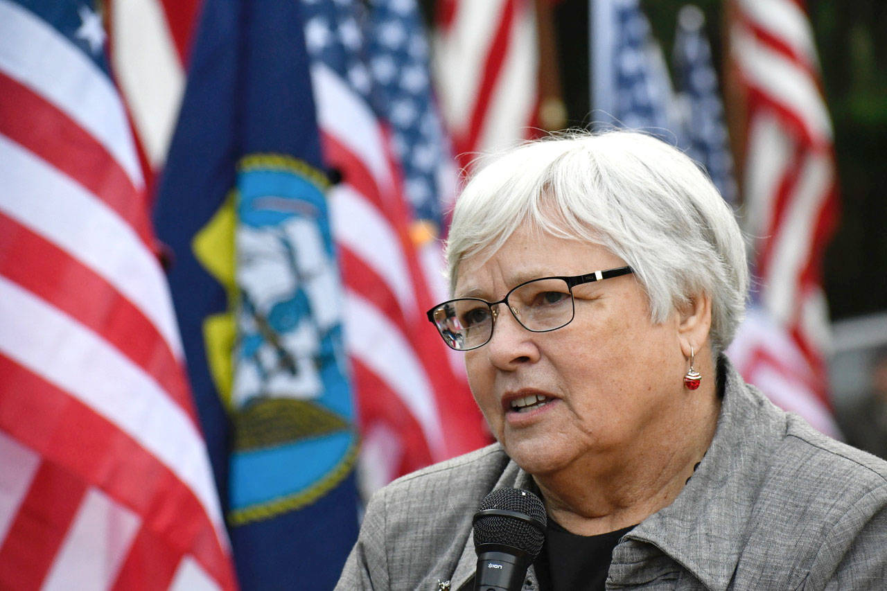 Joan Shields-Bennett, widow of U.S. Navy Petty Officer Marvin G. Shields, speaks at a memorial service for the Medal of Honor recipient. Shields was mortally wounded in a battle in Dong Xoai, Vietnam in 1965. (Jeannie McMacken/Peninsula Daily News)