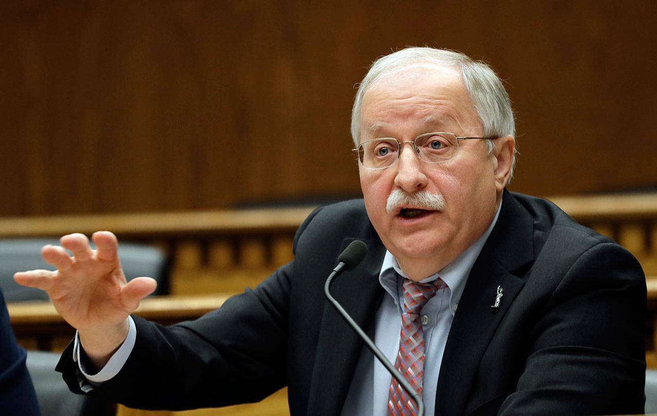 In this Jan. 4 file photo, Washington House Speaker Frank Chopp, D-Seattle, speaks during the leadership panel of the Associated Press’ annual Legislative Preview at the Capitol in Olympia. (Ted S. Warren/The Associated Press)