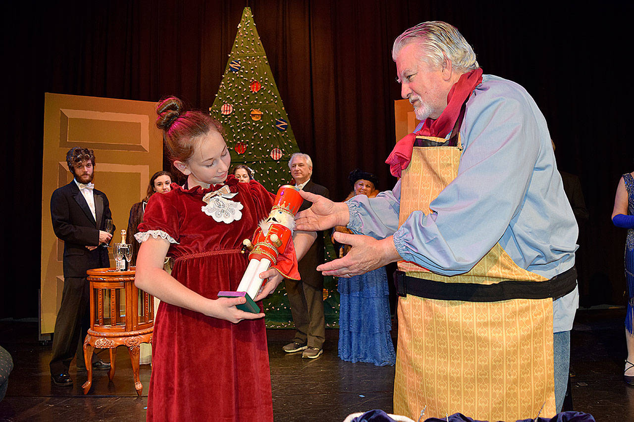 Mia Sayer and Richard Hendrickson rehearse a scene from “The Nutcracker Cracked Up,” an original show created by Sequim Ballet’s Laurel Hererra and Olympic Theatre Arts’ Executive Director Carol Willis. (Erin Hawkins/Olympic Peninsula News Group)