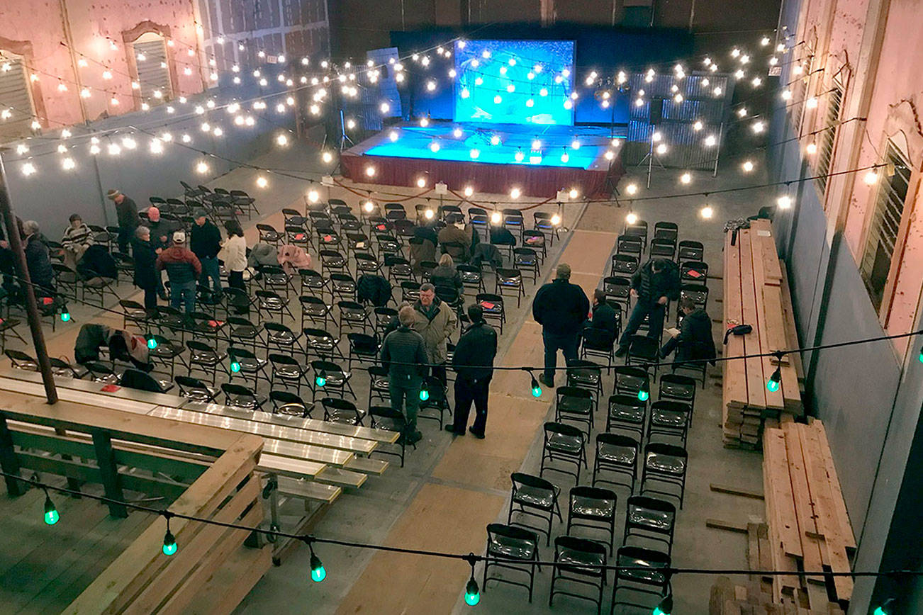 Paul Gottlieb/Peninsula Daily News Christmas lights and temporary seating are part of the present interior of the Lincoln Theater in Port Angeles, shown here from the balcony during intermission for Snow White and the Five Housemates.A balcony.