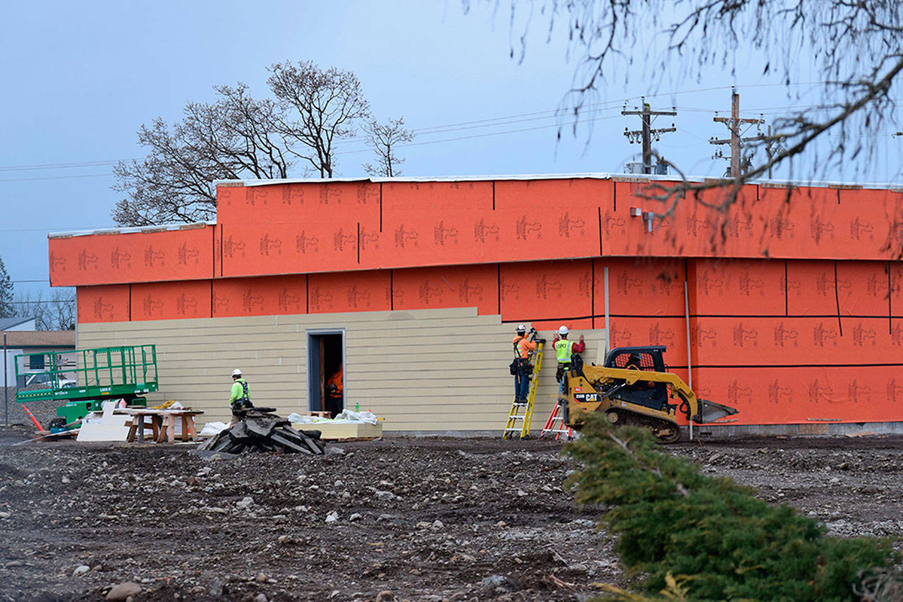 The first glimpse of Sequim School District’s new central kitchen appear from North Second Avenue and West Alder Street where the 1949 portions of the Sequim Community School once stood. (Erin Hawkins/Olympic Peninsula News Group)