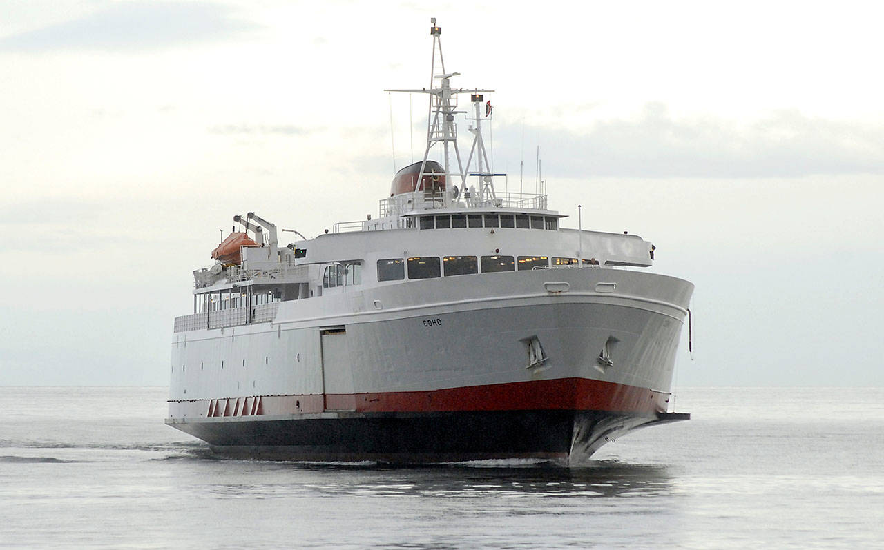 The ferry MV Coho arrives in Port Angeles during a recent sailing from Victoria. The ship will be out of service from Monday through Feb. 6 while it undergoes annual dry dock maintenance. (Keith Thorpe/Peninsula Daily News)