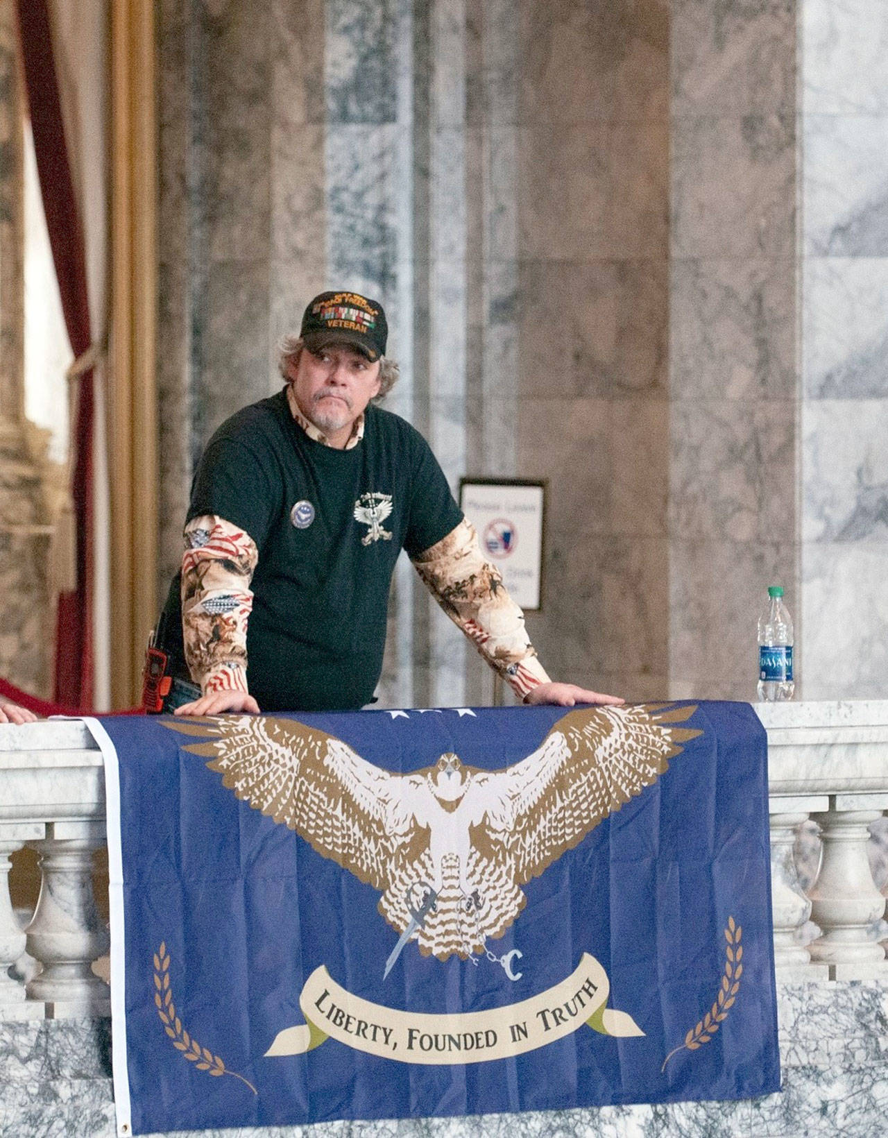 Robert Brown, an advocate for splitting the state of Washington into two, is shown at a rally at the Capitol in Olympia recently. (Sean Harding, WNPA Olympia News Bureau)