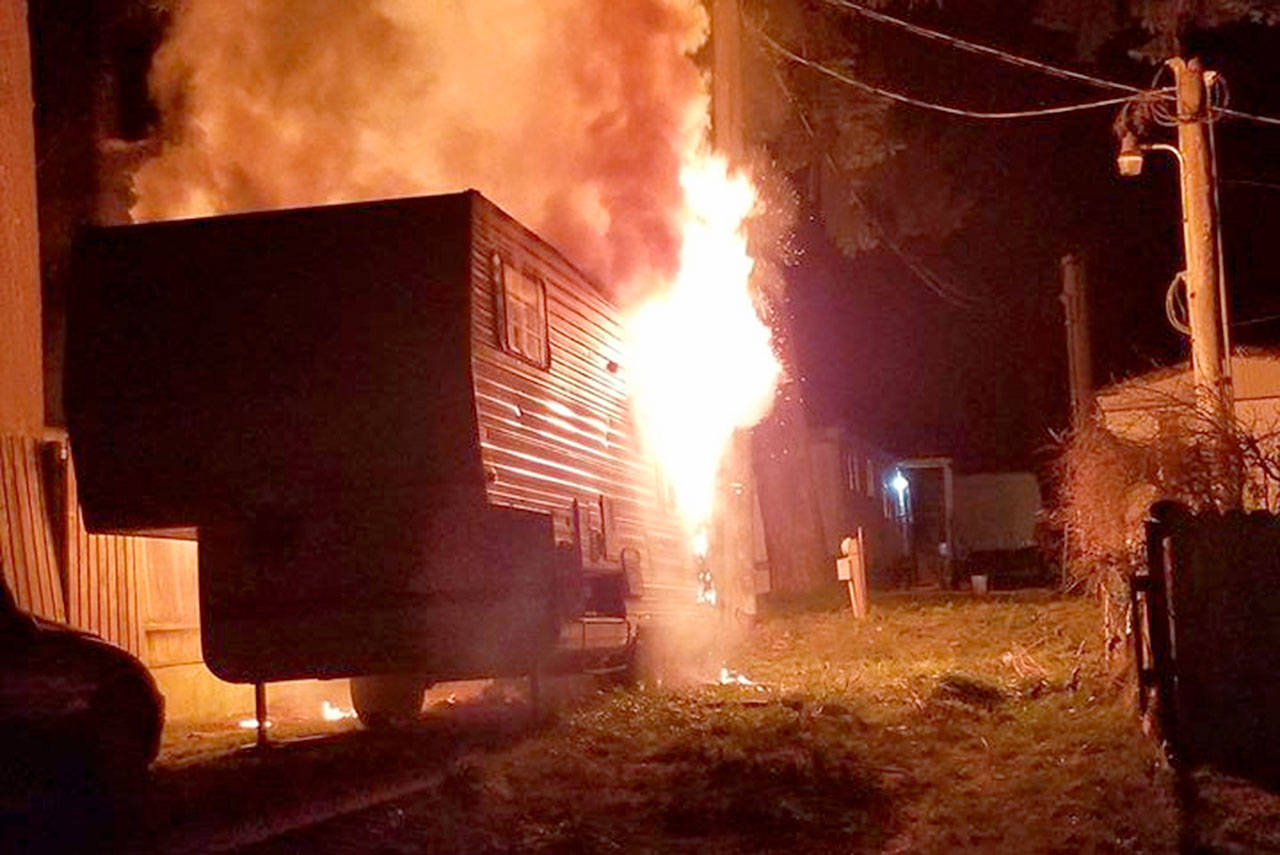 The Port Angeles Fire Department extinguished a trailer fire at the Welcome Inn RV Park in Port Angeles on Sunday night. (Port Angeles Police Department)