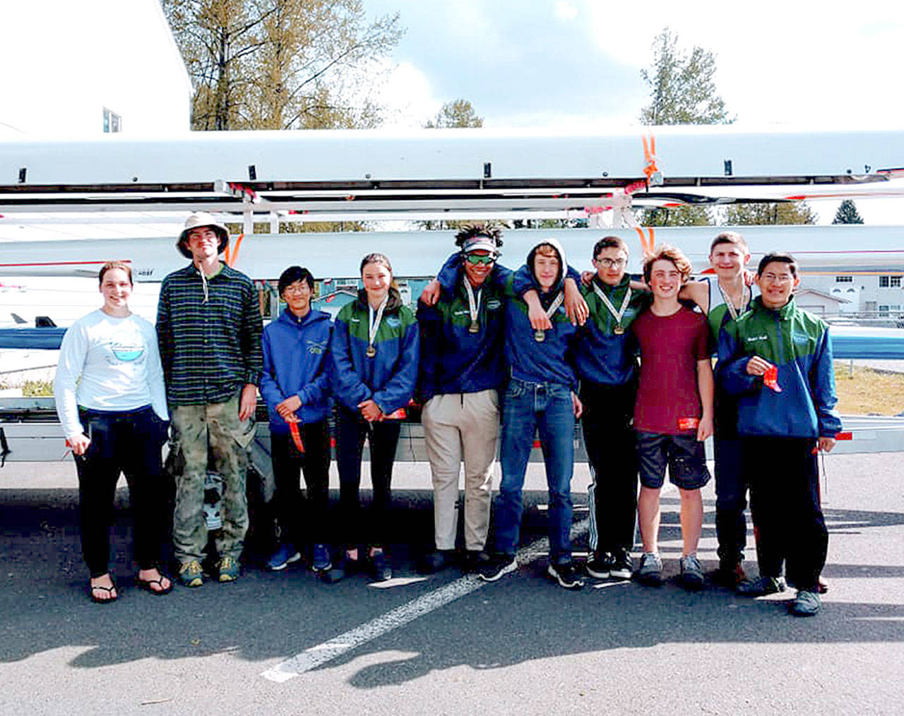 Rowers from the Olympic Peninsula Rowing Association brought home several medals at the Lake Stevens Spring Sprints in late April. From left are OPRA members Maria England, Calum Swinford, ZiTao Harper-Smith, Ella Ventura, Nathan Mishler, Zachary Gavin, Harrison Fulton, Brighton Nickolson, Tyler Turne and ZiGui Harper-Smith.