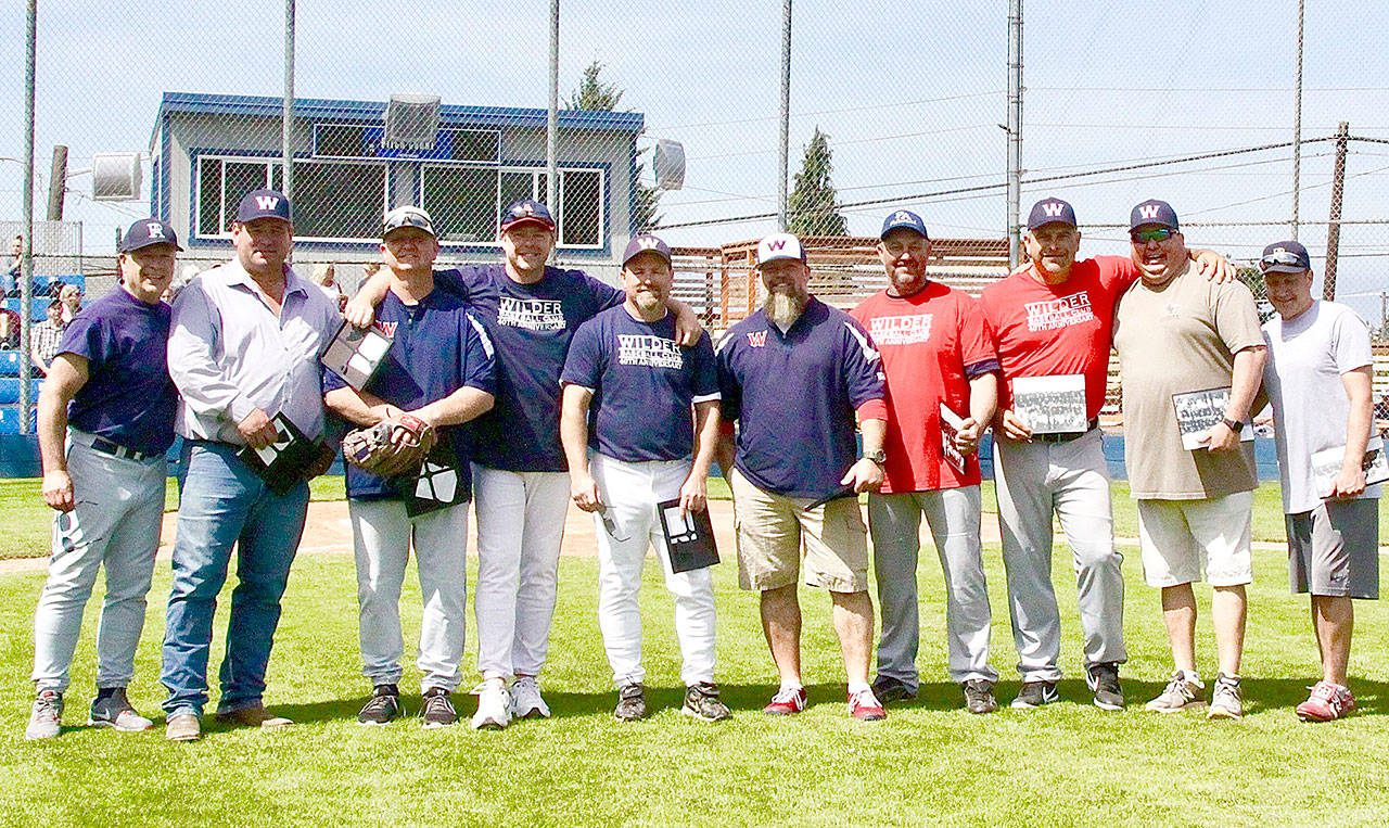 Ten members of the Aggies Senior Babe Ruth team of 1987 were able to make it to Civic Field for a little baseball fun and memories shared. From left are Aggies coach Scott Brodun, John Kvinsland, Rob Merritt, Dave McCrorie, George Drake, Tom Kuch, Thor Gunderson, Darrin Doty, Jeff Fryer and John Schiefelbein.