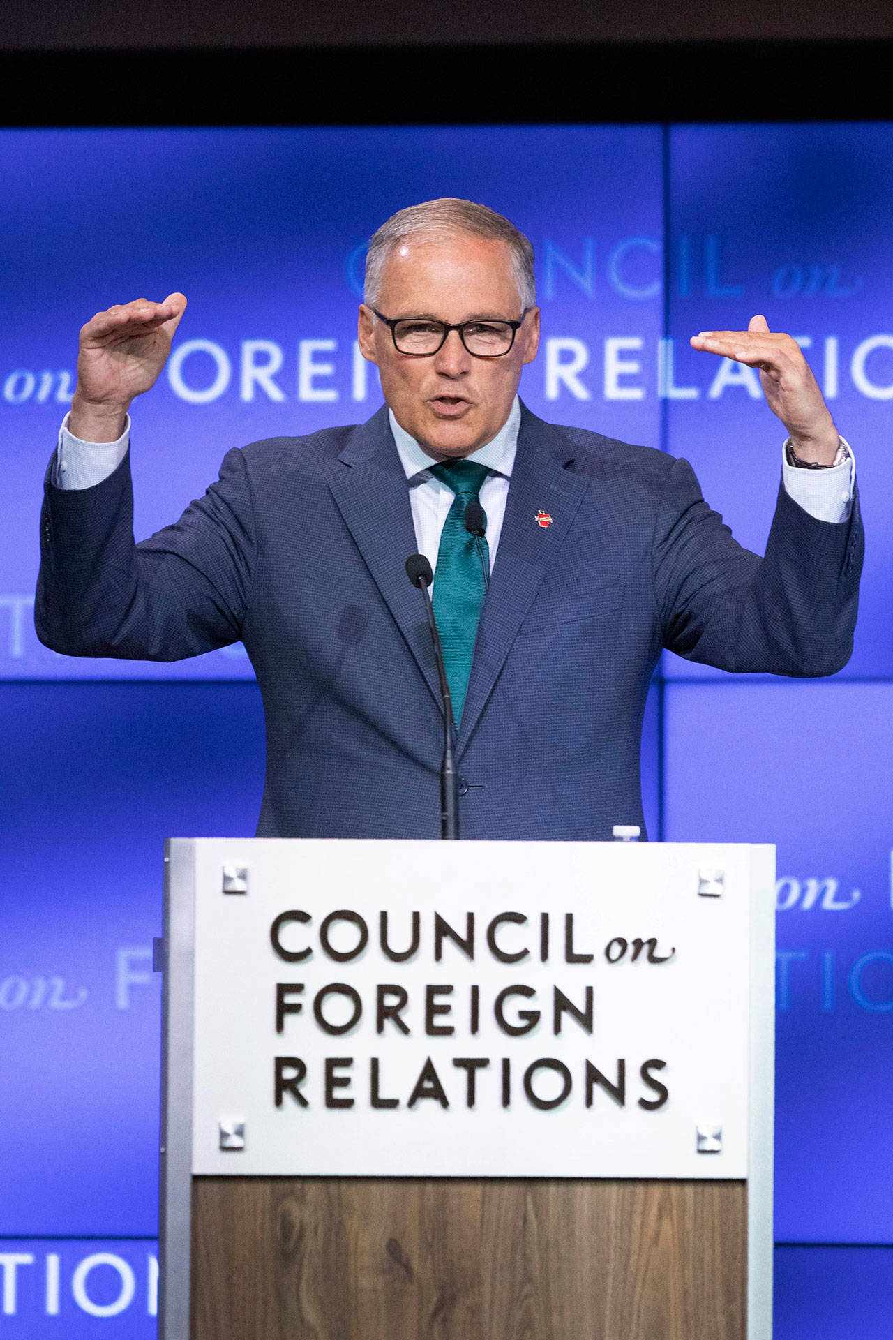 Democratic Presidential candidate Gov. Jay Inslee speaks at the Council on Foreign Relations on Wednesday in New York. (Mark Lennihan/The Associated Press)