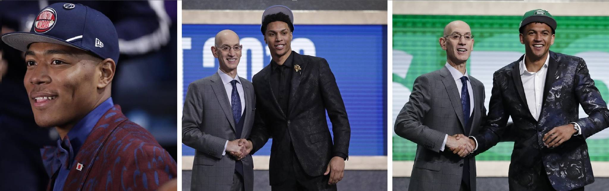 Gonzaga’s Rui Hachimura, left, Brandon Clarke, center (with NBA Commissioner Adam Silver), and Washington’s Matisse Thybulle, right, were all taken in the first round of the NBA Draft on Thursday.