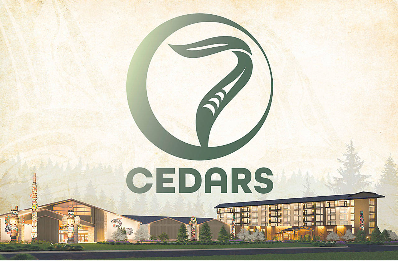 7 Cedars Resort Properties officials unveiled a resort-wide “rebrand” — pictured here with an architectural rendering of the under-construction 7 Cedars Hotel in Blyn. (7 Cedars Resort Properties)