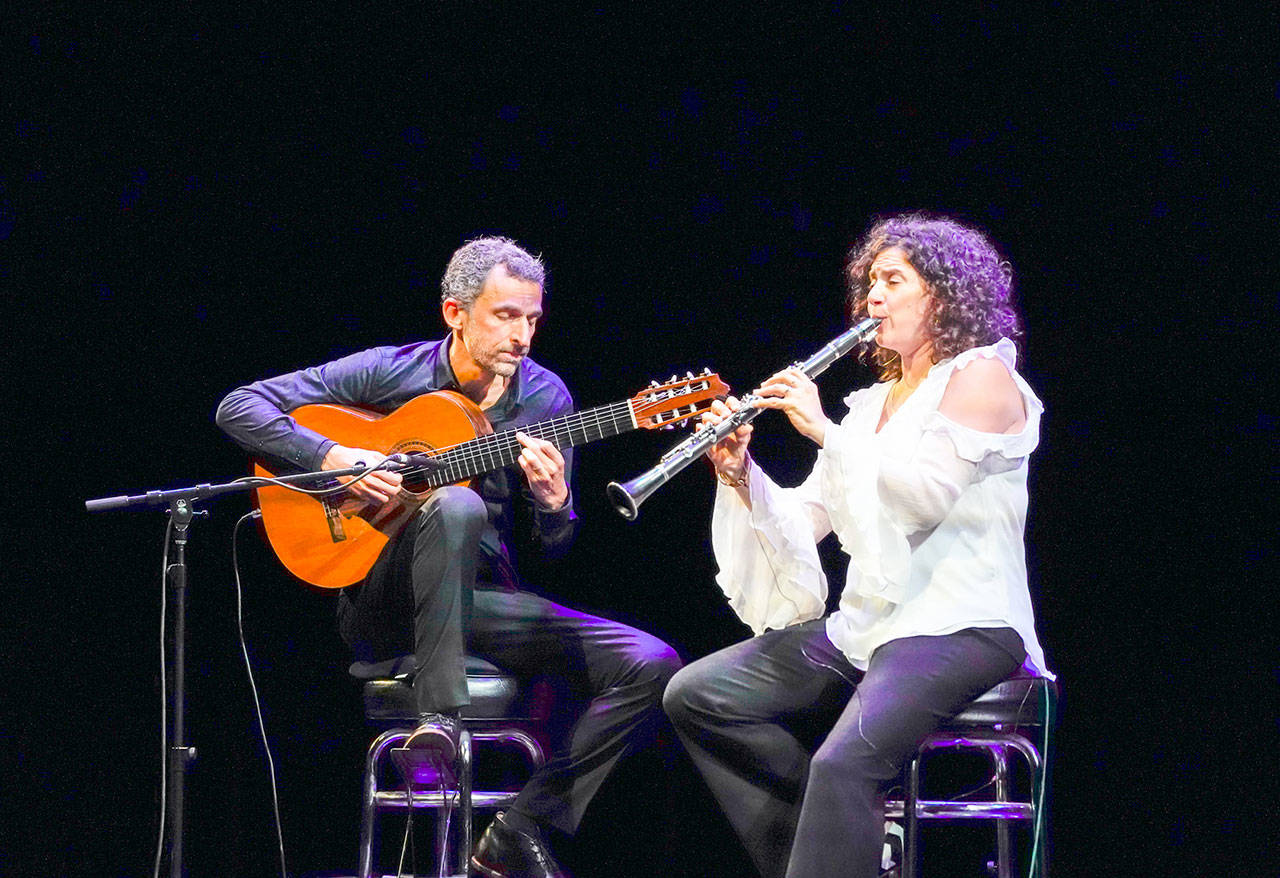 Marcello Goncalves, guitar, and Anat Cohen on the clarinet, play a duet during a Jazz Port Townsend concert Friday at McCurdy Pavilion at Fort Worden State Park. (Steve Mullensky/for Peninsula Daily News)