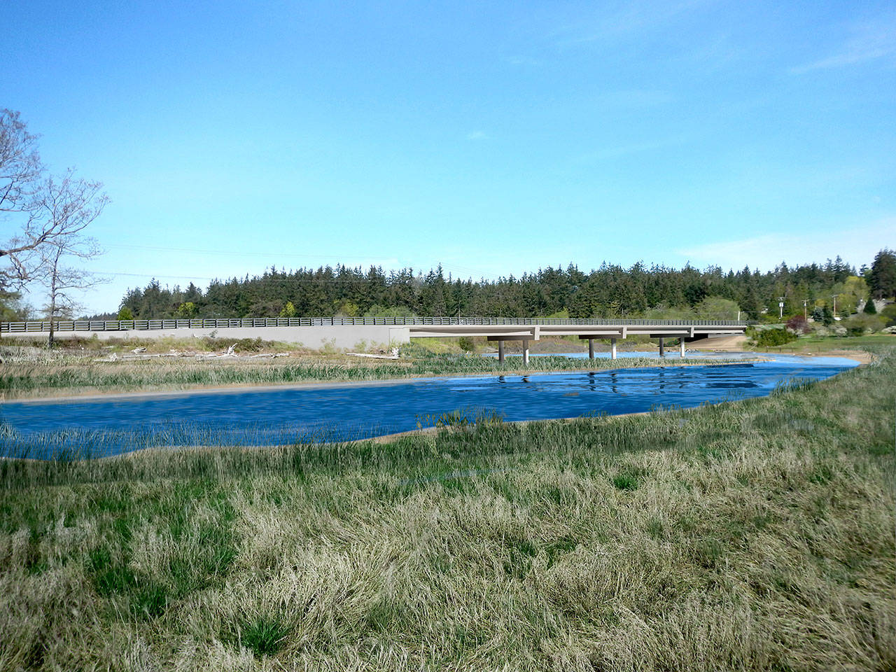 Work will begin Monday on a fish barrier project along state Highway 116 at the Kilisut Harbor bridge west of Marrowstone Island. The $12 million project will add a two-lane, 440-foot bridge and allow migratory fish to pass through the channel. Alternating traffic will impact drivers through fall 2020. (Department of Transportation)