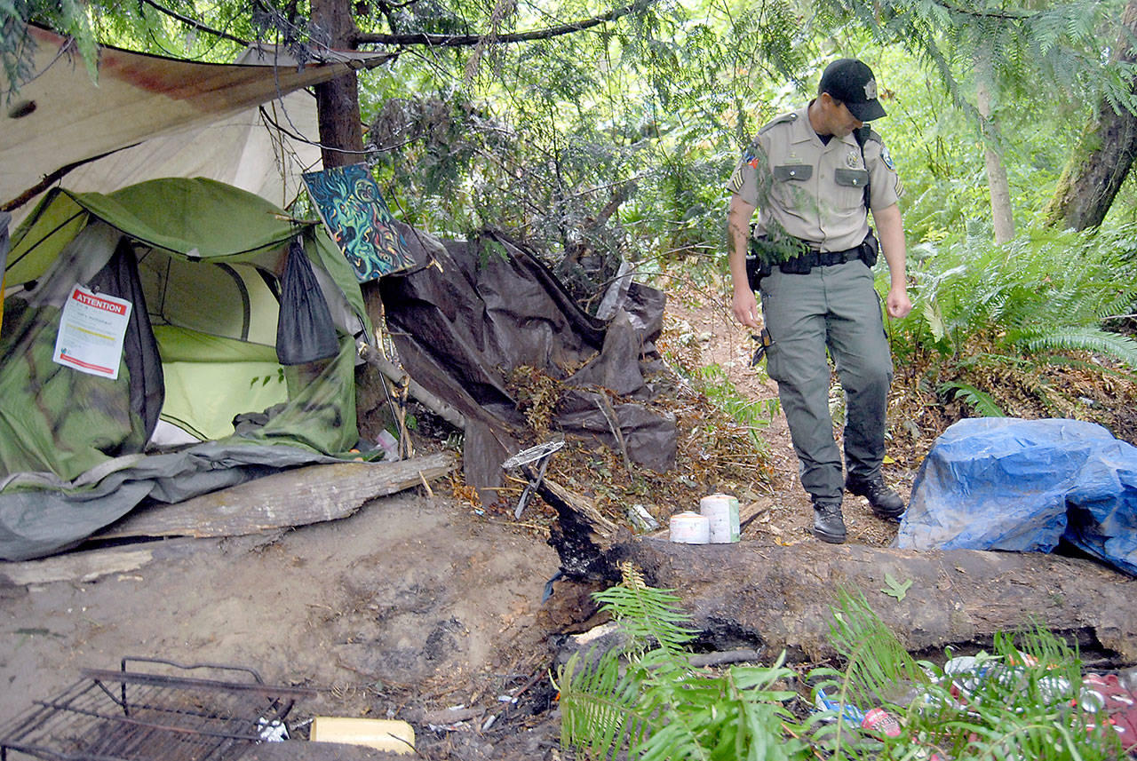 Sgt. Kit Rosenberger of the state Department of Fish & Wildlife Police walks through a campsite in the Morse Creek Valley east of Port Angeles on Friday. (Keith Thorpe/Peninsula Daily News)