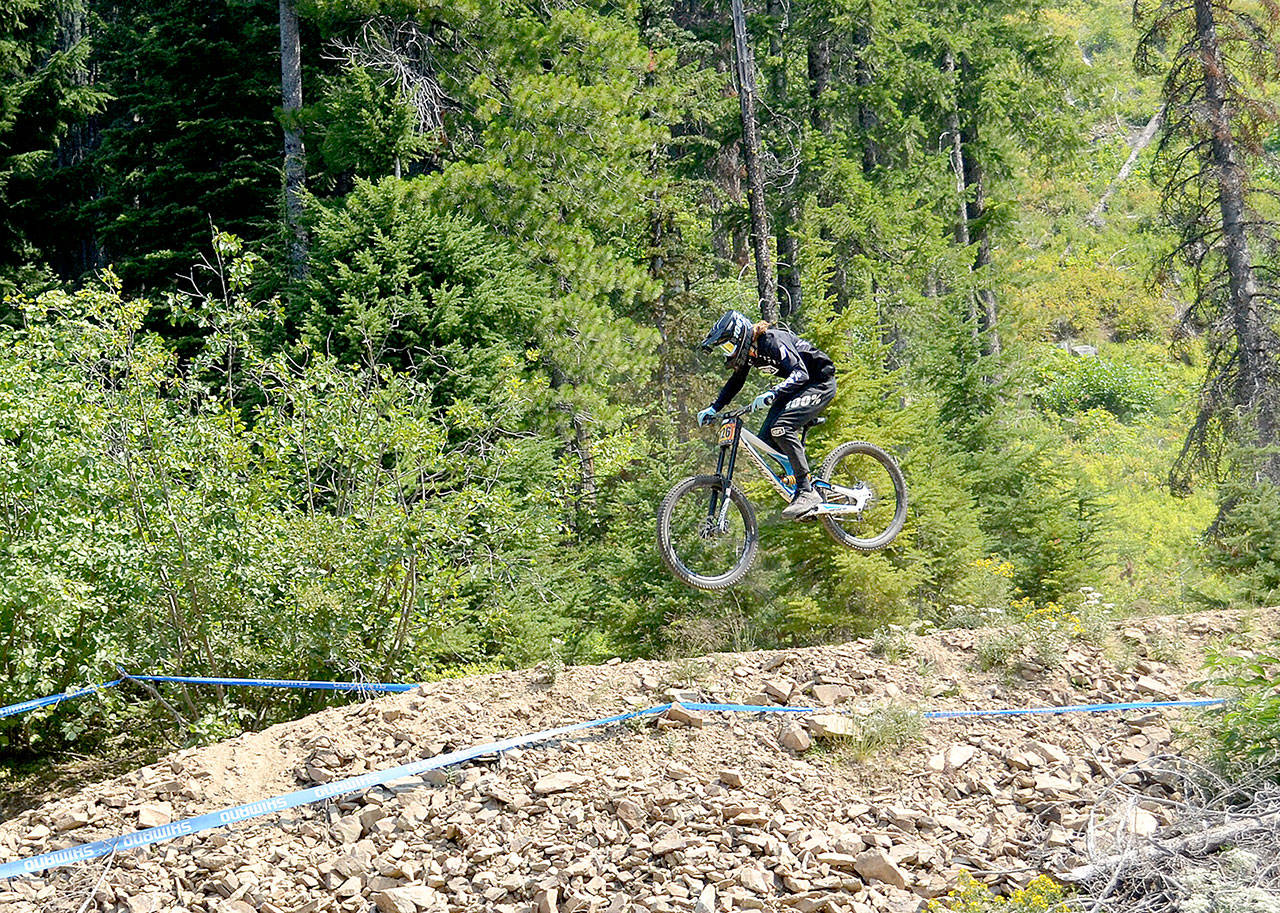 Chris James Port Angeles’ Matt Mangano rides in Sunday’s NW Cup race held at Silver Mountain in Kellogg, Idaho. Mangano rides in the Cat 1 (expert) 15-18 category and finished third at Kellogg. He is currently third overall in the season standings.